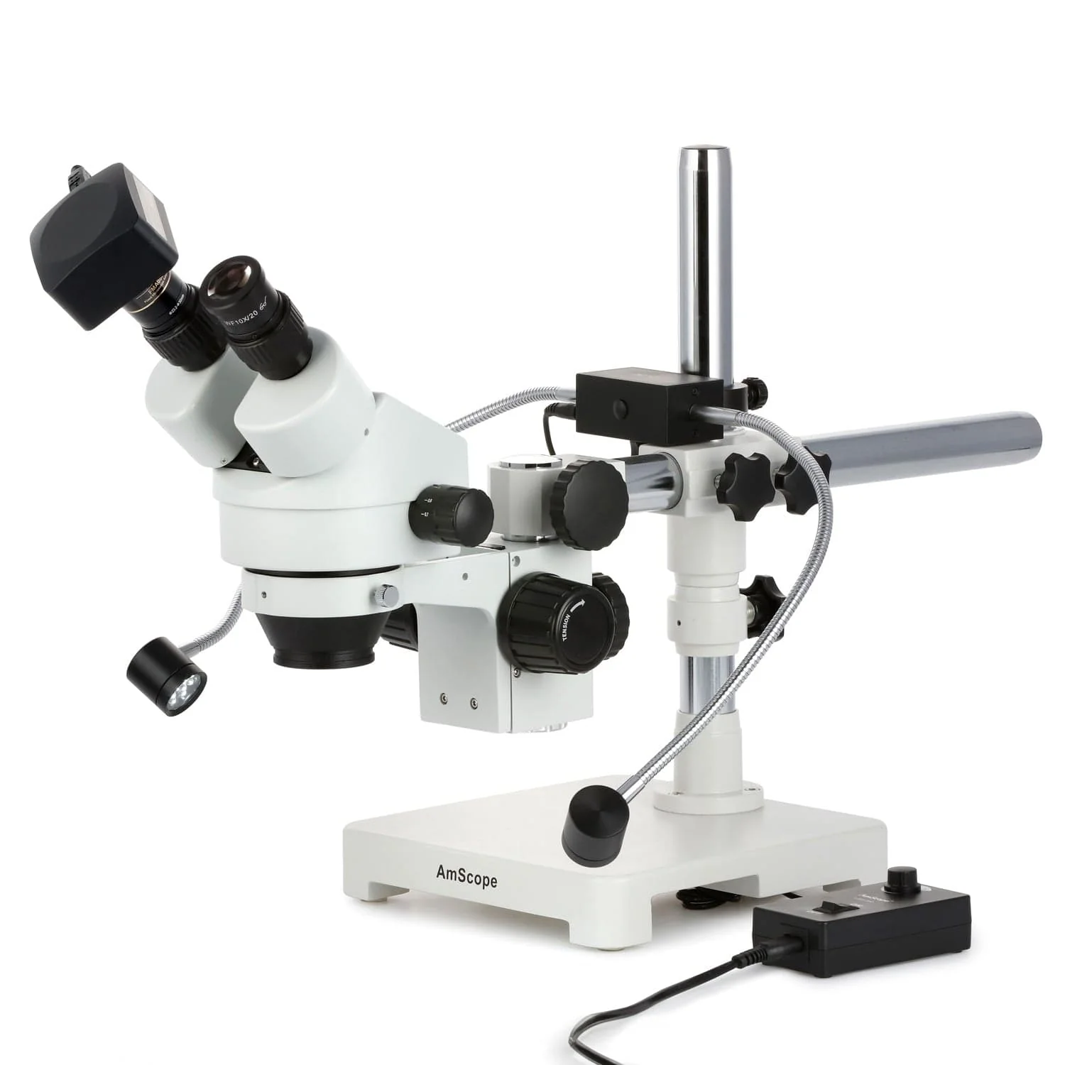AmScope SM-3B Series Binocular Zoom Stereo Microscope 7X-45X Magnification with 8W LED Dual Gooseneck Illuminator and Optional Digital Camera on Single Arm Boom Stand - Image 3