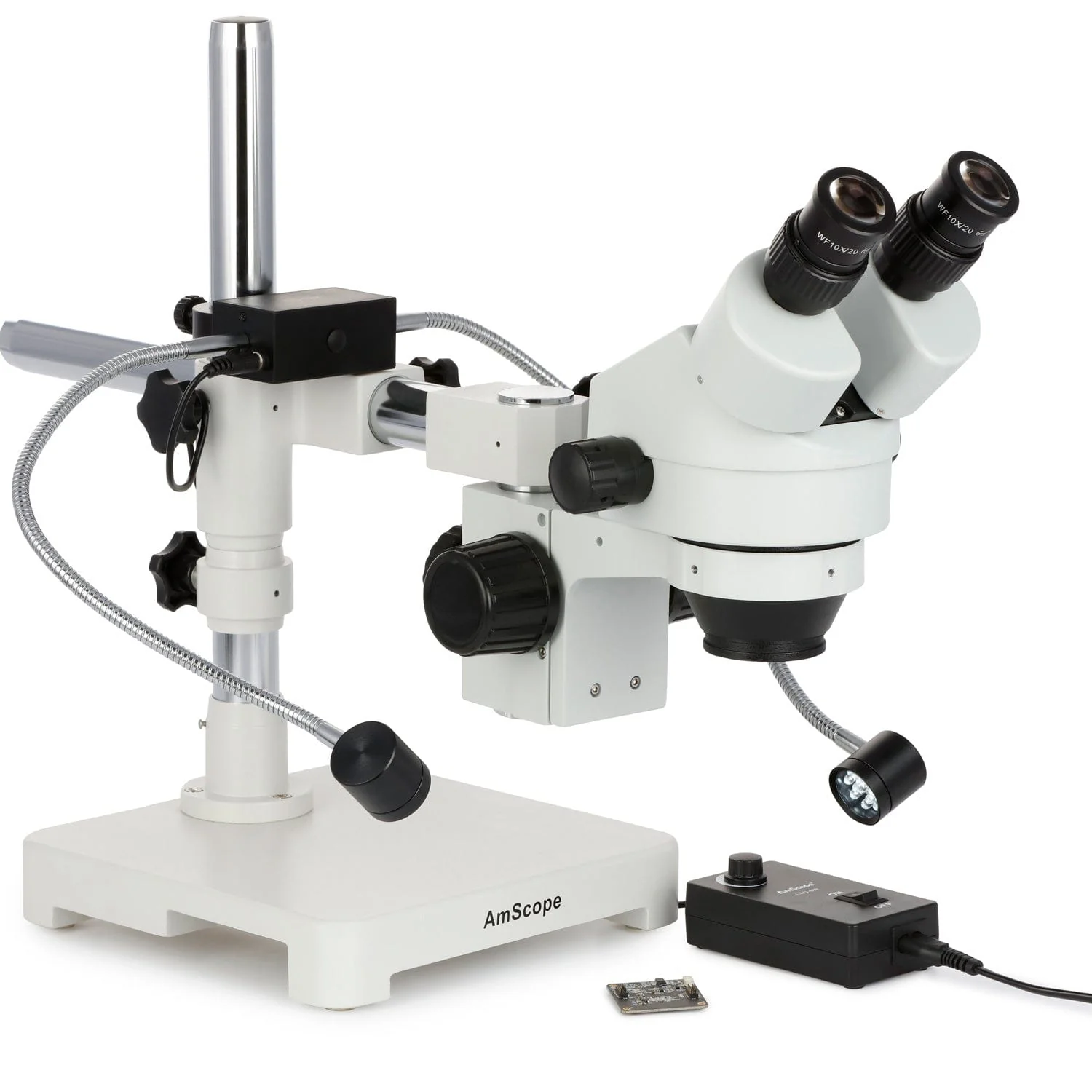 AmScope SM-3B Series Binocular Zoom Stereo Microscope 7X-45X Magnification with 8W LED Dual Gooseneck Illuminator and Optional Digital Camera on Single Arm Boom Stand - Image 4
