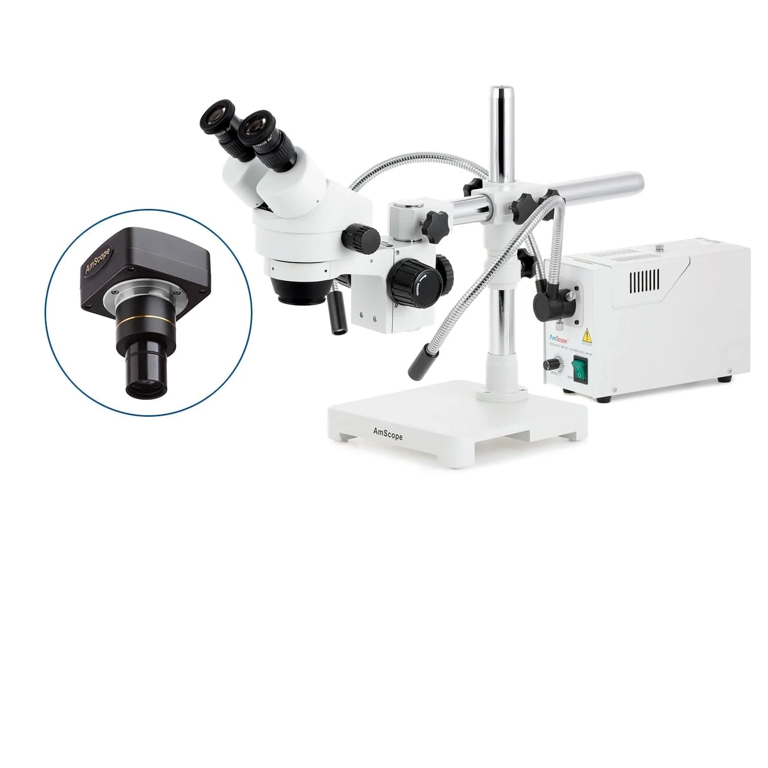 AmScope SM-3 Series Zoom Binocular Stereo Microscope with 150W Halogen Dual Fiber Gooseneck Lights and Optional Digital Camera on Single Arm Boom Stand - Image 2