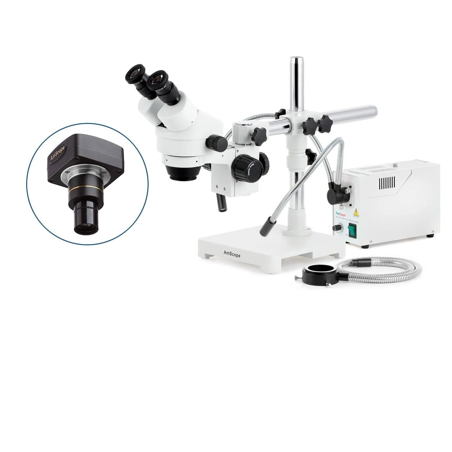 AmScope SM-3 Series Zoom Binocular Stereo Microscope with 150W Halogen Dual Gooseneck & Ring Lights and Optional Digital Camera on Single Arm Boom Stand - Image 2
