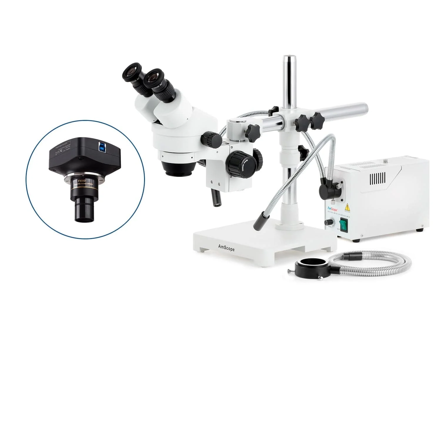 AmScope SM-3 Series Zoom Binocular Stereo Microscope with 150W Halogen Dual Gooseneck & Ring Lights and Optional Digital Camera on Single Arm Boom Stand - Image 4