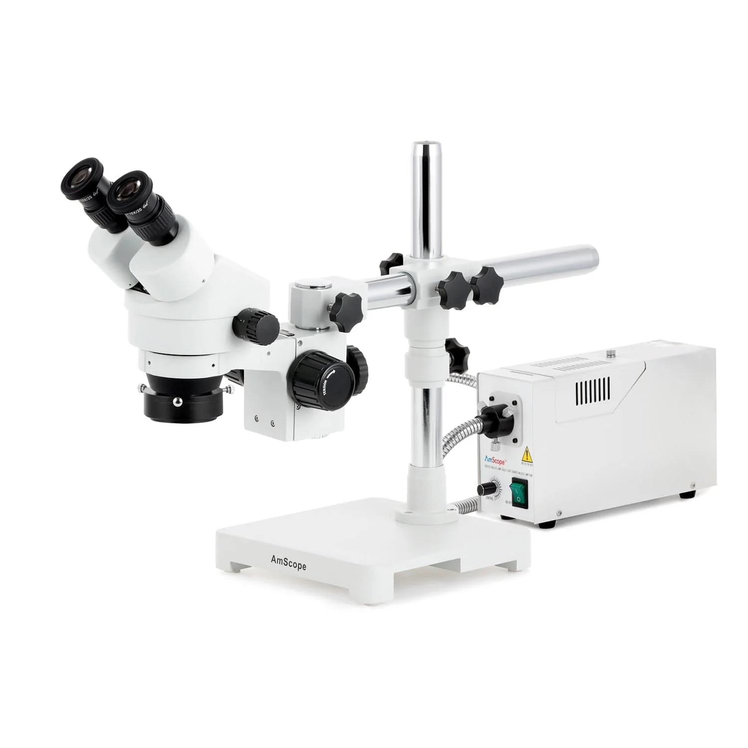 AmScope SM-3 Series Zoom Binocular Stereo Microscope with 150W Halogen Ring Light and Optional Digital Camera on Single Arm Boom Stand
