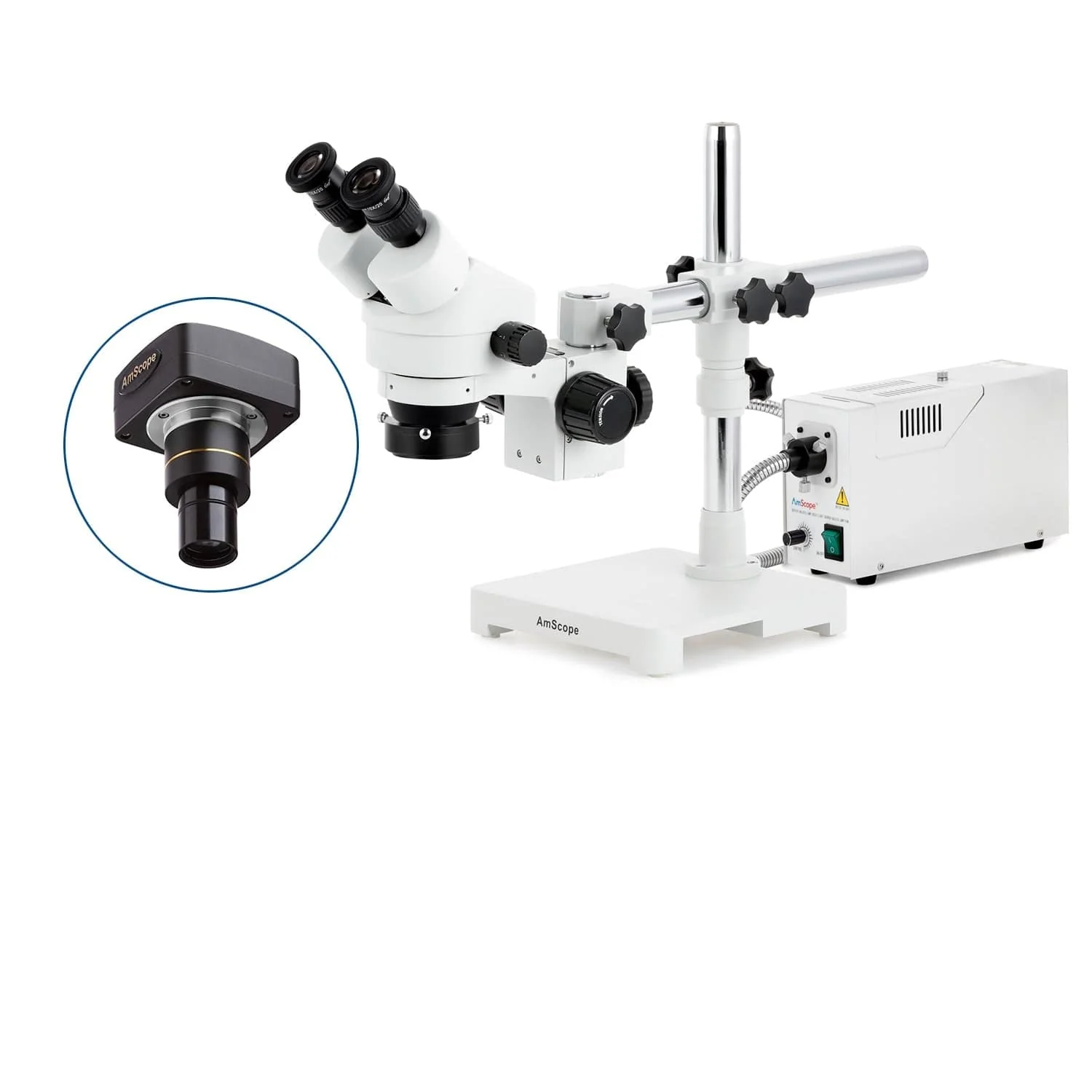 AmScope SM-3 Series Zoom Binocular Stereo Microscope with 150W Halogen Ring Light and Optional Digital Camera on Single Arm Boom Stand - Image 2