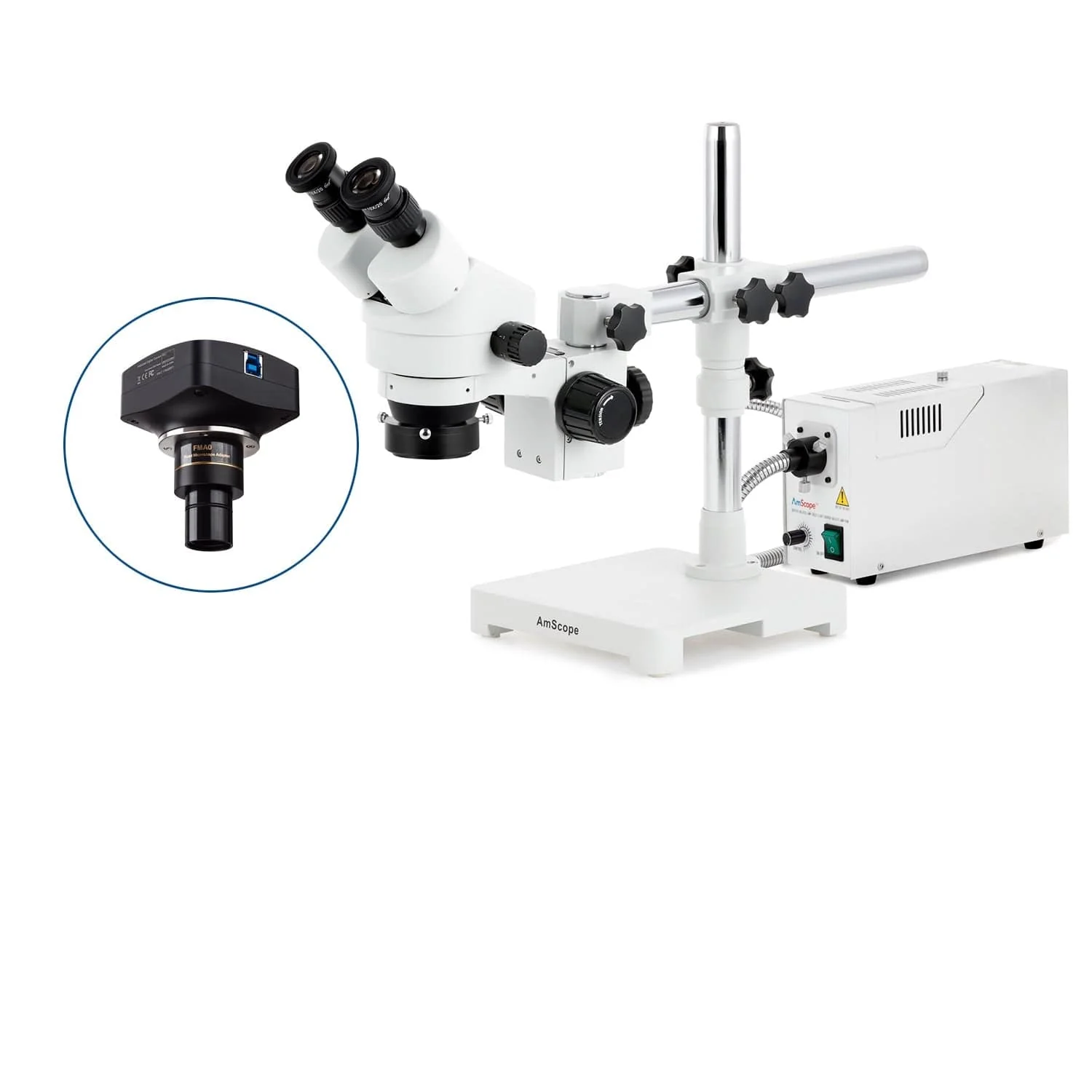 AmScope SM-3 Series Zoom Binocular Stereo Microscope with 150W Halogen Ring Light and Optional Digital Camera on Single Arm Boom Stand - Image 4