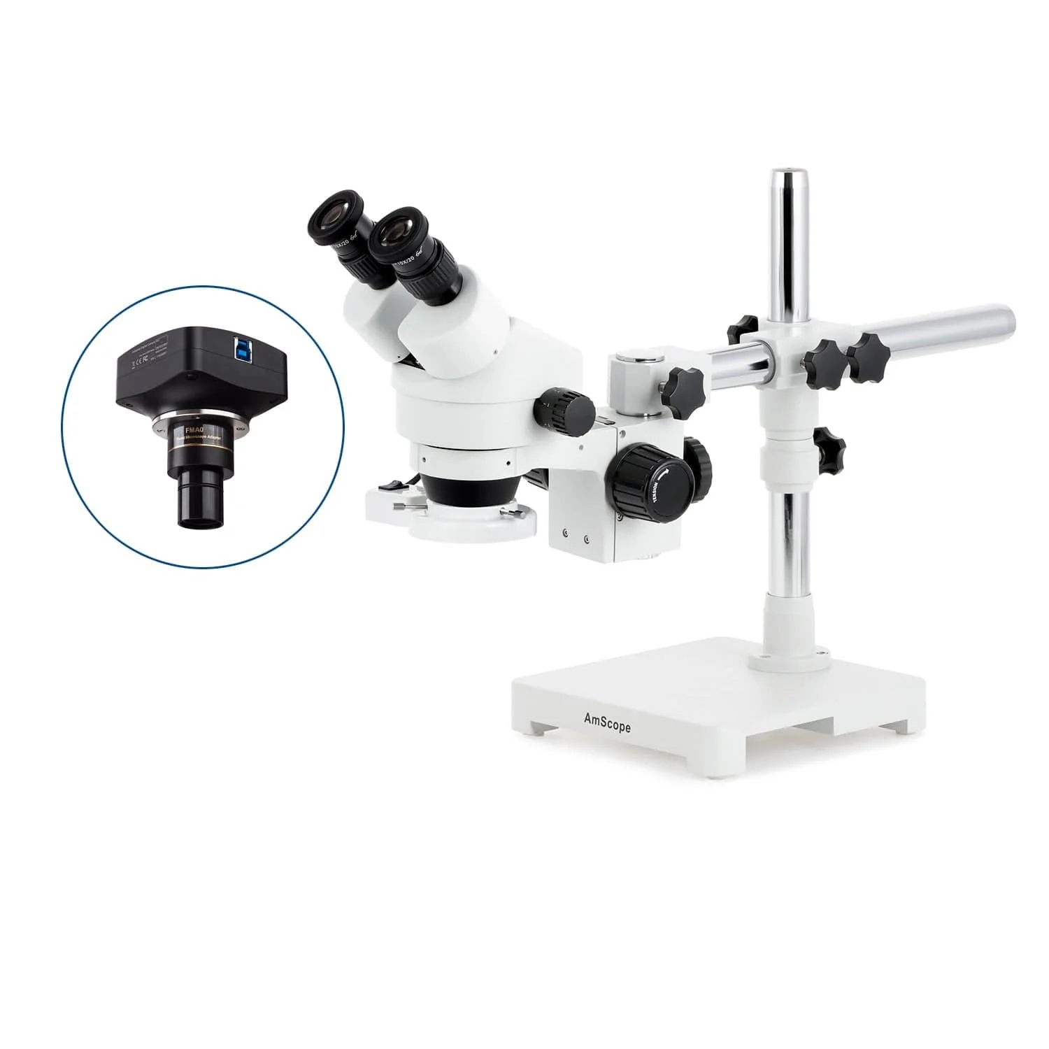 AmScope SM-3 Series Zoom Binocular Stereo Microscope with 8W Fluorescent Ring Light and Optional Digital Camera on Single Arm Boom Stand - Image 4