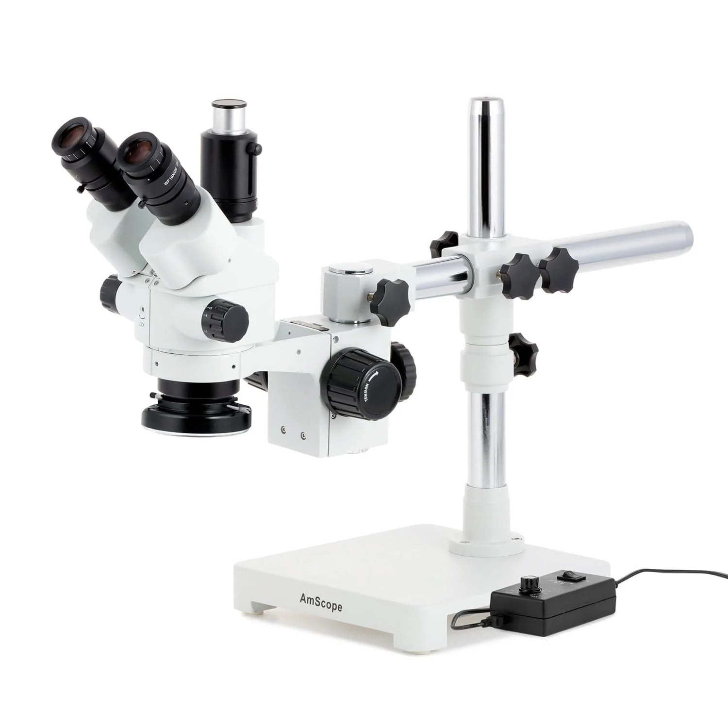 AmScope SM-3 Series Simul-Focal Lockable Zoom Trinocular Stereo Microscope with 144 LED Ring Light and Optional Digital Camera on Single Arm Boom Stand