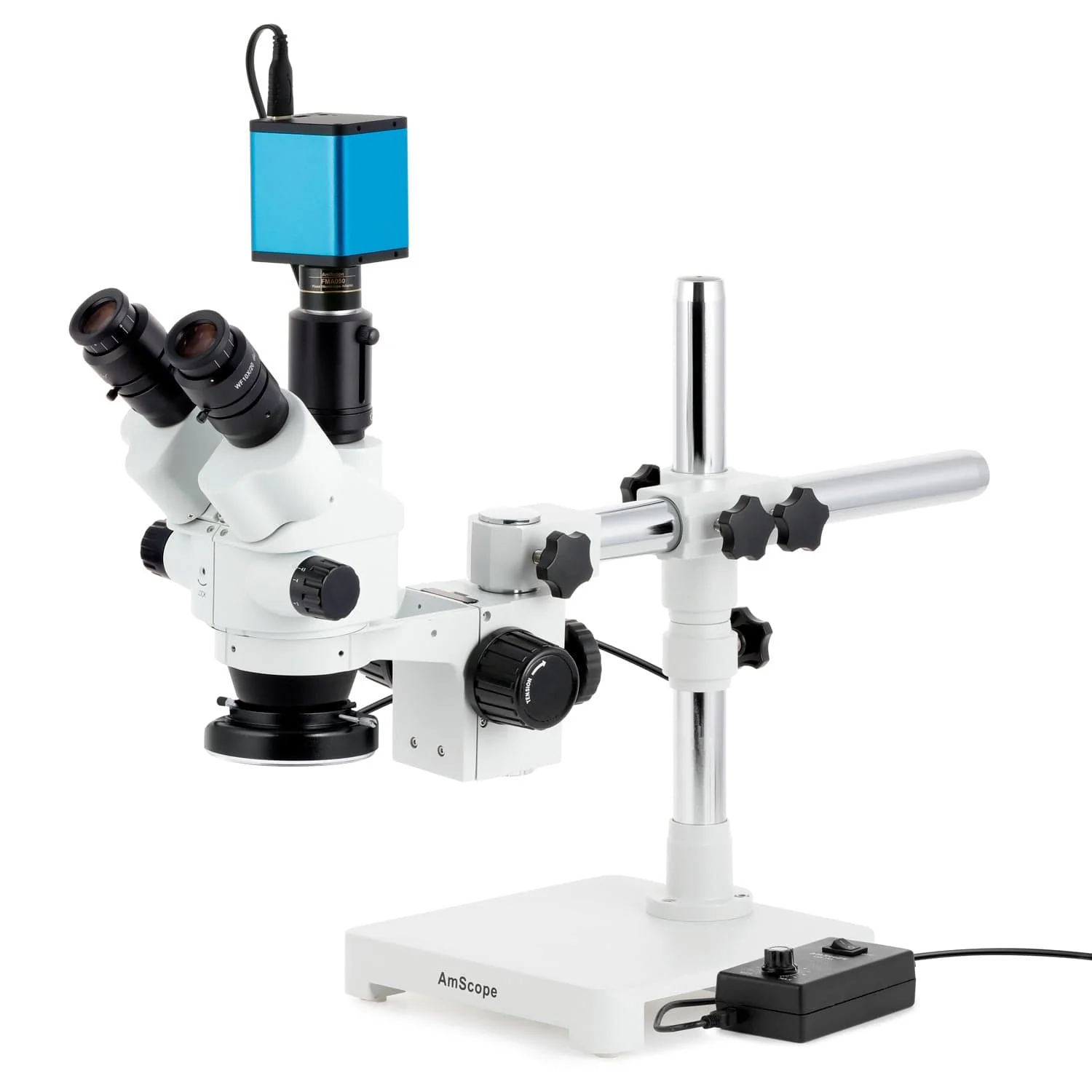 AmScope SM-3 Series Simul-Focal Lockable Zoom Trinocular Stereo Microscope with 144 LED Ring Light and Auto Focus Camera on Single Arm Boom Stand