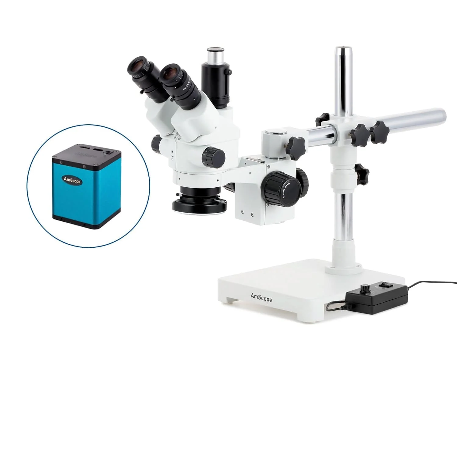AmScope SM-3 Series Simul-Focal Lockable Zoom Trinocular Stereo Microscope with 144 LED Ring Light and Auto Focus Camera on Single Arm Boom Stand - Image 3