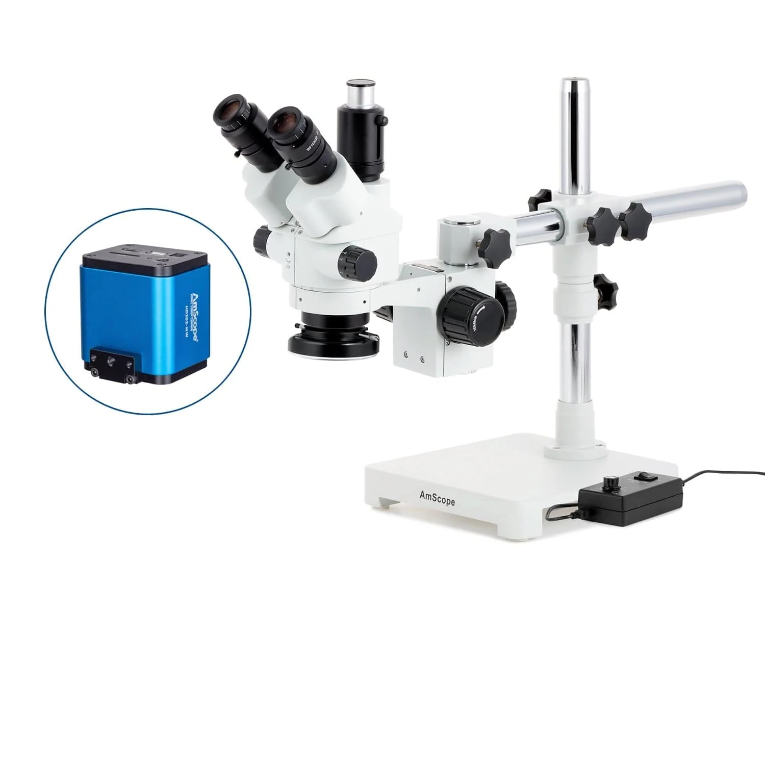 AmScope SM-3 Series Simul-Focal Lockable Zoom Trinocular Stereo Microscope with 144 LED Ring Light and HDMI Camera on Single Arm Boom Stand - Image 5