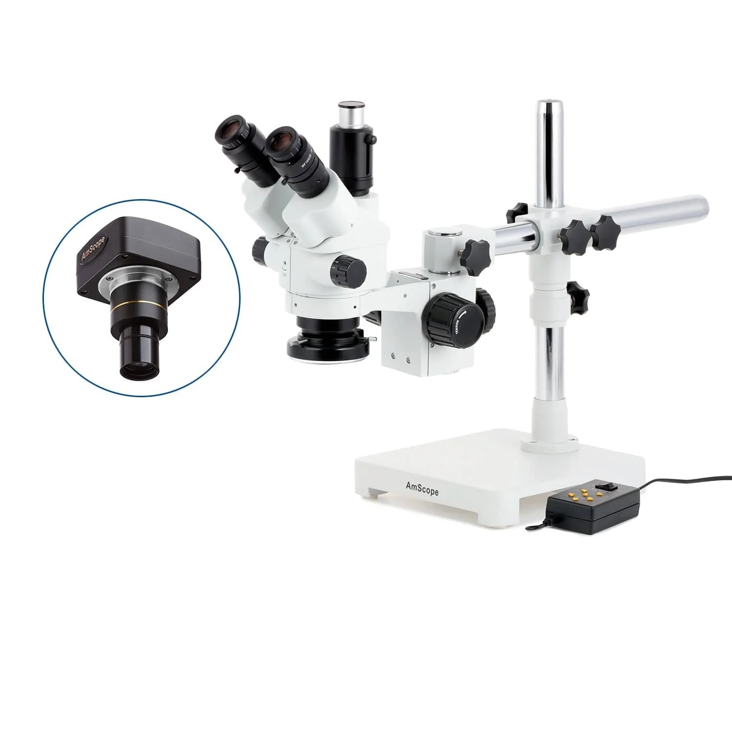 AmScope SM-3 Series Simul-Focal Lockable Zoom Trinocular Stereo Microscope with Multi-Zone 144 LED and Optional Digital Camera on Single Arm Boom Stand - Image 2
