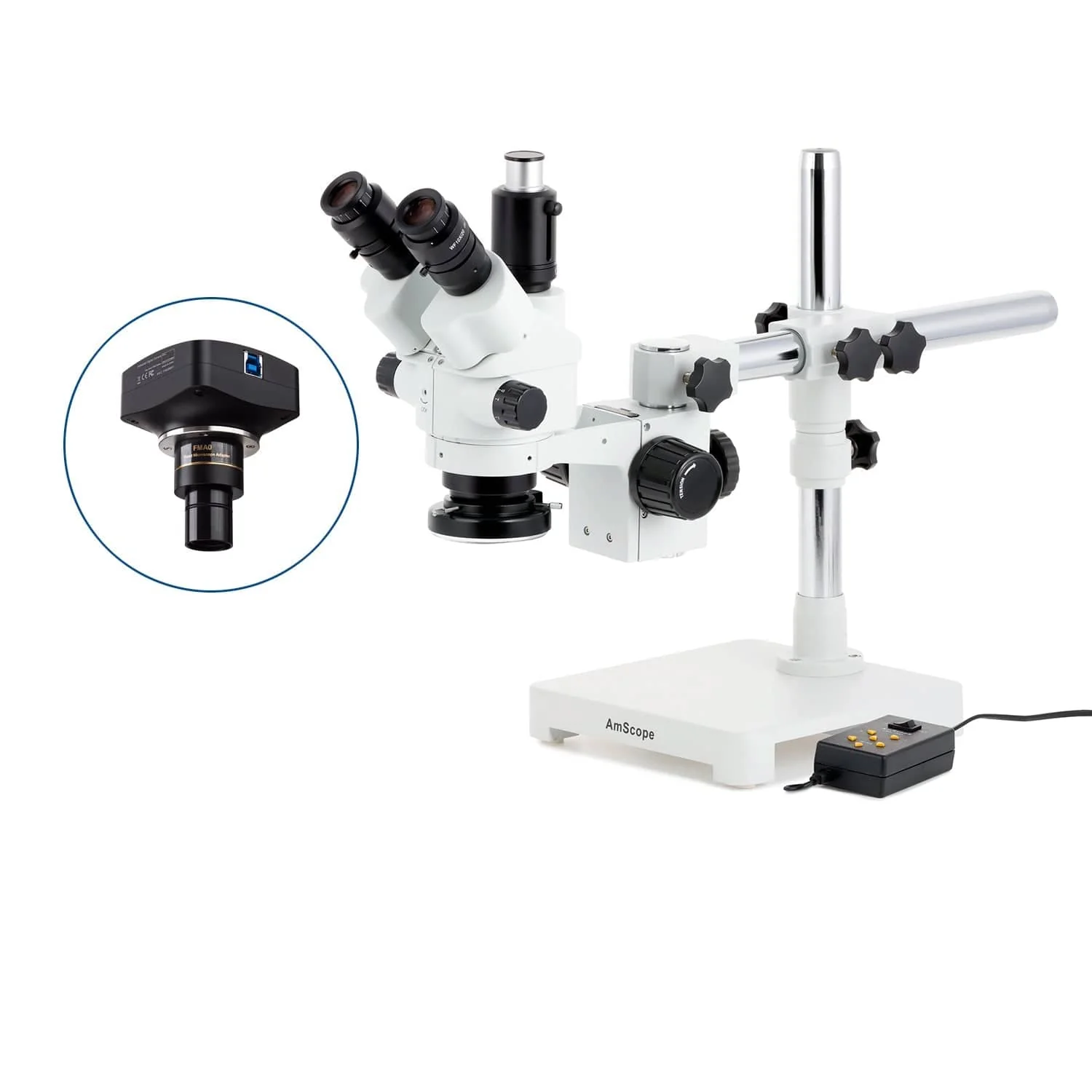 AmScope SM-3 Series Simul-Focal Lockable Zoom Trinocular Stereo Microscope with Multi-Zone 144 LED and Optional Digital Camera on Single Arm Boom Stand - Image 4