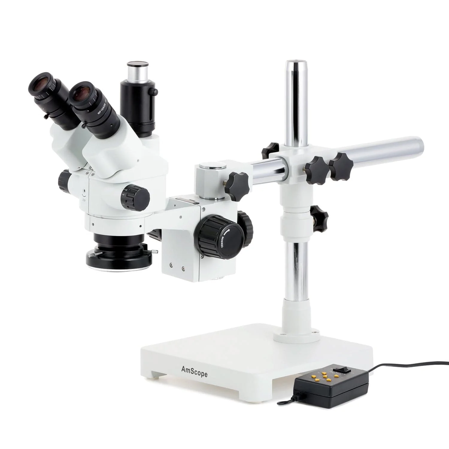AmScope SM-3 Series Simul-Focal Lockable Zoom Trinocular Stereo Microscope with Multi-Zone 144 LED and Auto Focus Camera on Single Arm Boom Stand - Image 2