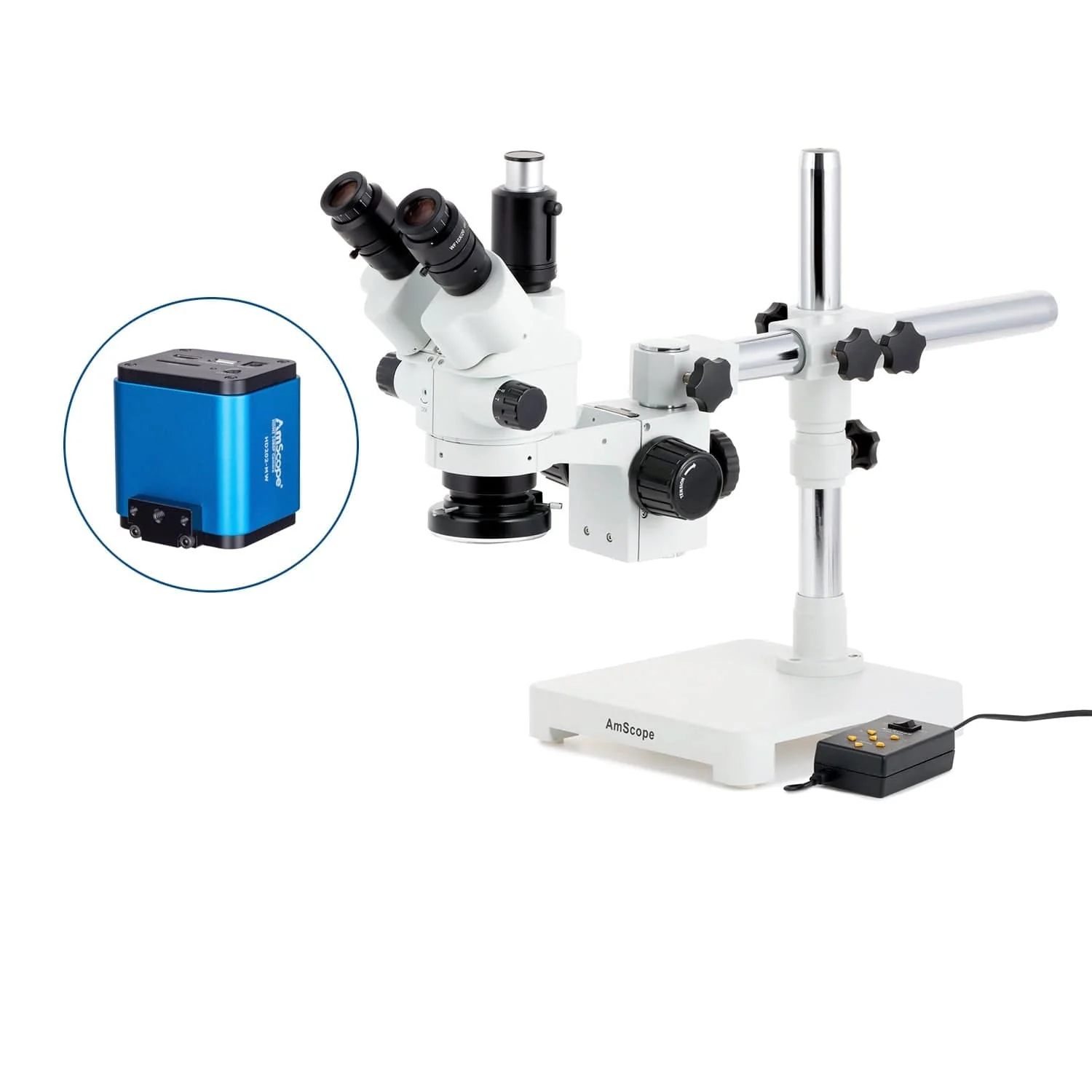 AmScope SM-3 Series Simul-Focal Lockable Zoom Trinocular Stereo Microscope with Multi-Zone 144 LED and HDMI Camera on Single Arm Boom Stand - Image 5