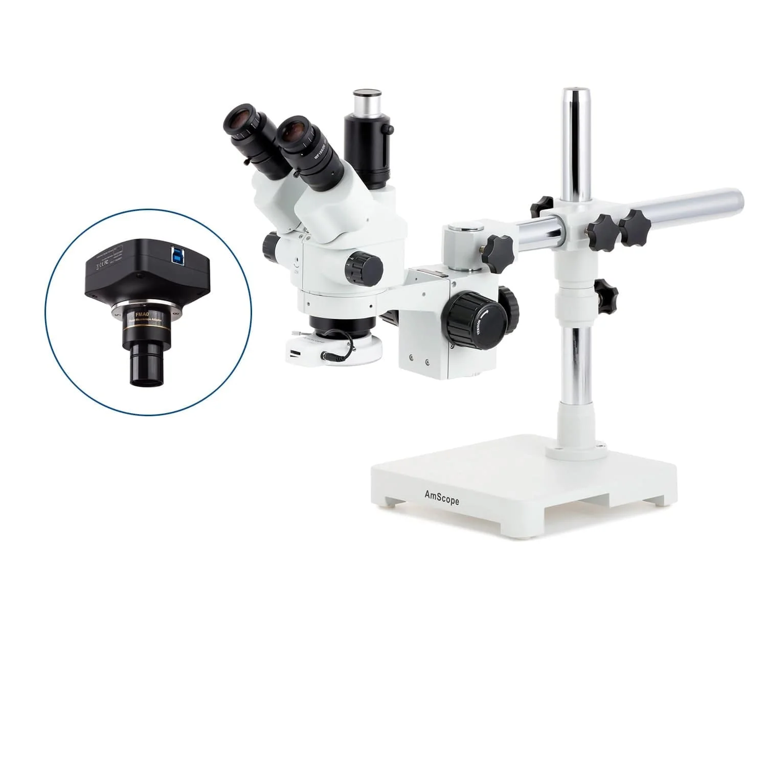 AmScope SM-3 Series Simul-Focal Lockable Zoom Trinocular Stereo Microscope with 144 LED Compact Ring Light and Optional Digital Camera on Single Arm Boom Stand - Image 4