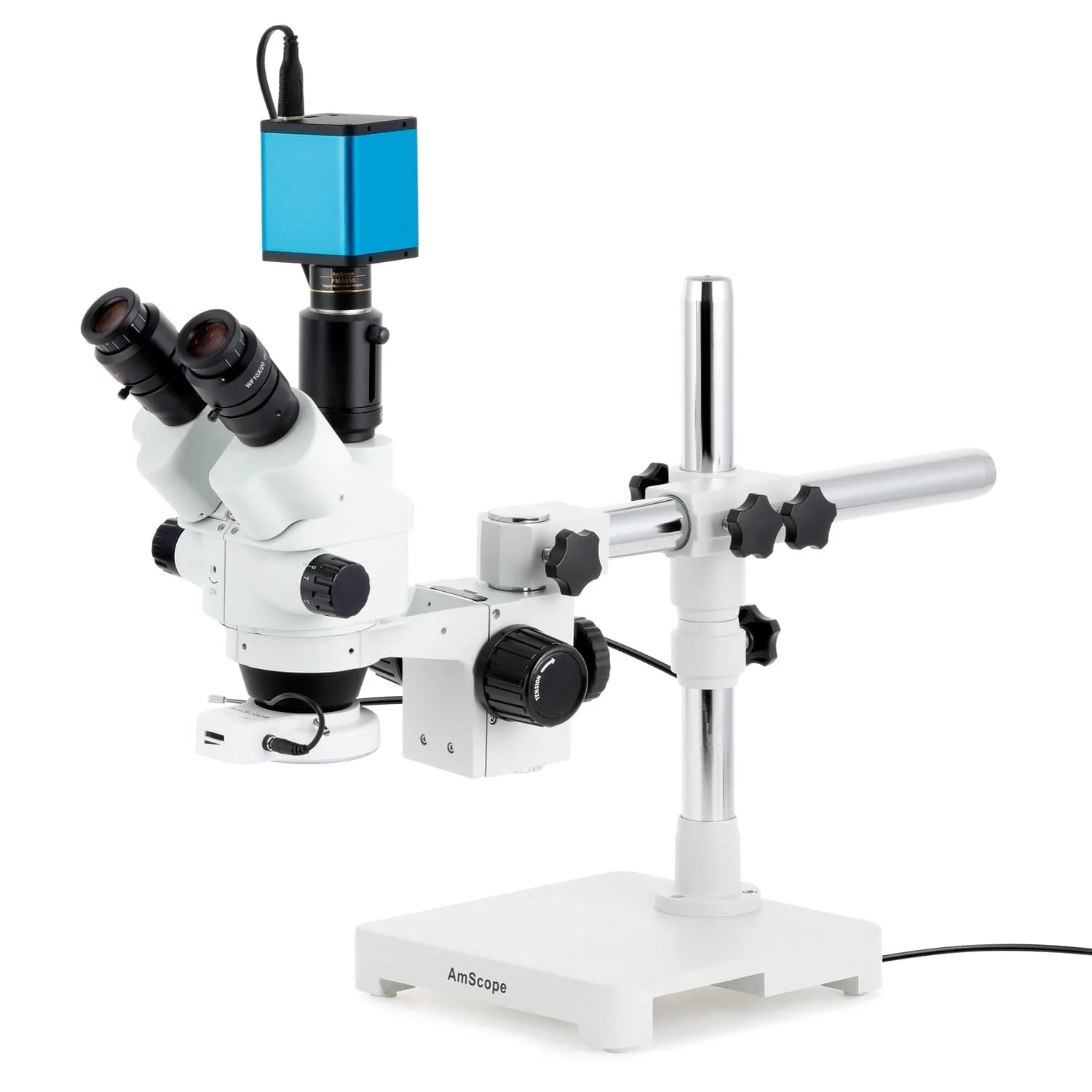 AmScope SM-3 Series Simul-Focal Lockable Zoom Trinocular Stereo Microscope with 144 LED Compact Ring Light and Auto Focus Camera on Single Arm Boom Stand