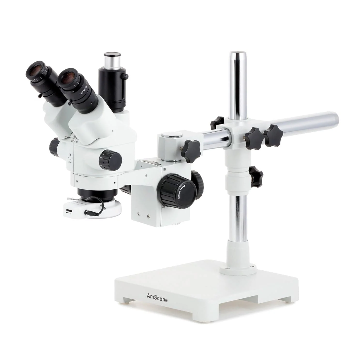 AmScope SM-3 Series Simul-Focal Lockable Zoom Trinocular Stereo Microscope with 144 LED Compact Ring Light and Auto Focus Camera on Single Arm Boom Stand - Image 2