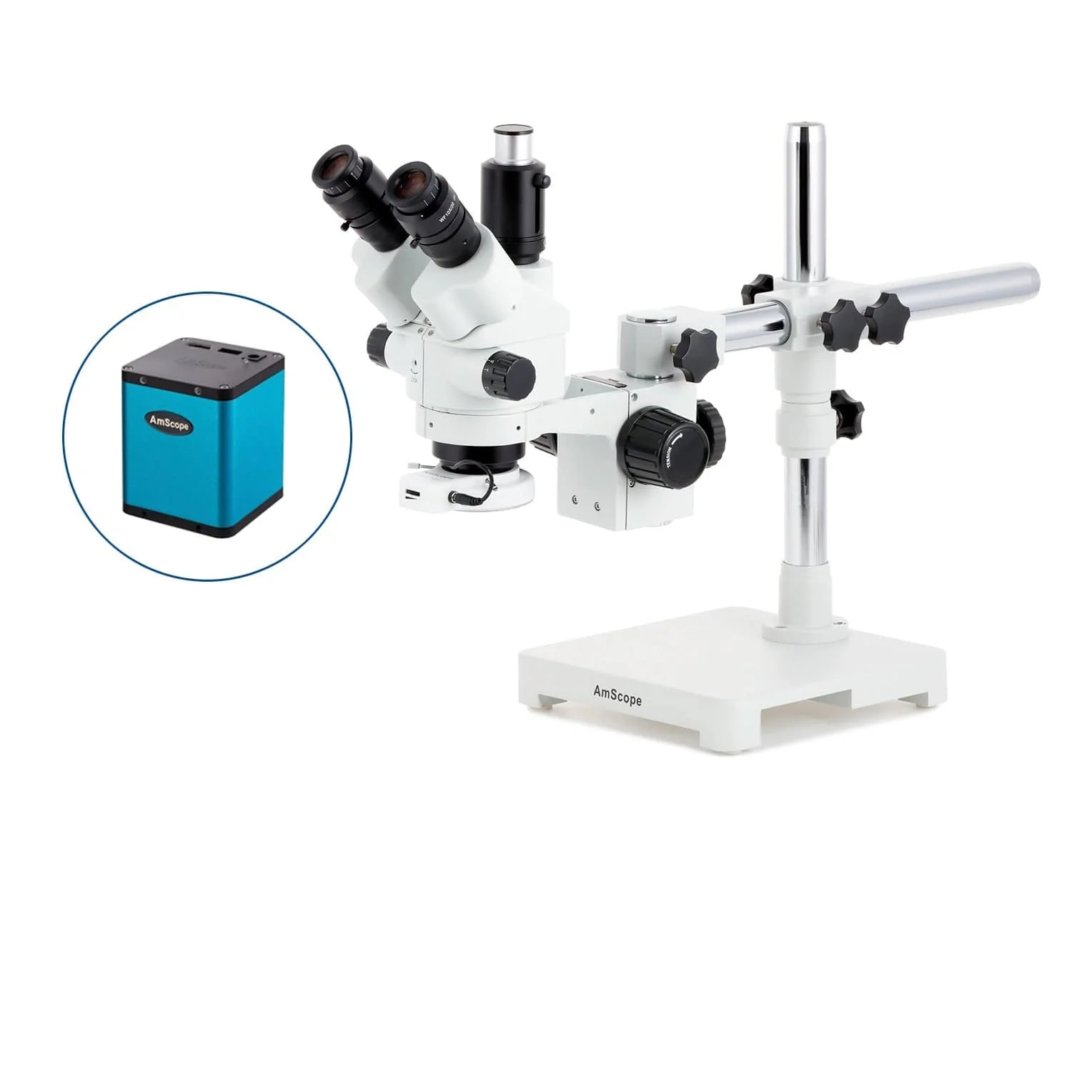 AmScope SM-3 Series Simul-Focal Lockable Zoom Trinocular Stereo Microscope with 144 LED Compact Ring Light and Auto Focus Camera on Single Arm Boom Stand - Image 3