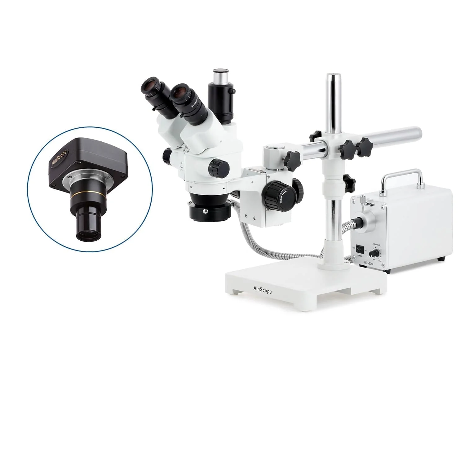 AmScope SM-3 Series Simul-Focal Lockable Zoom Trinocular Stereo Microscope with 30W LED Fiber Optic Ring Light and Optional Digital Camera on Single Arm Boom Stand - Image 2