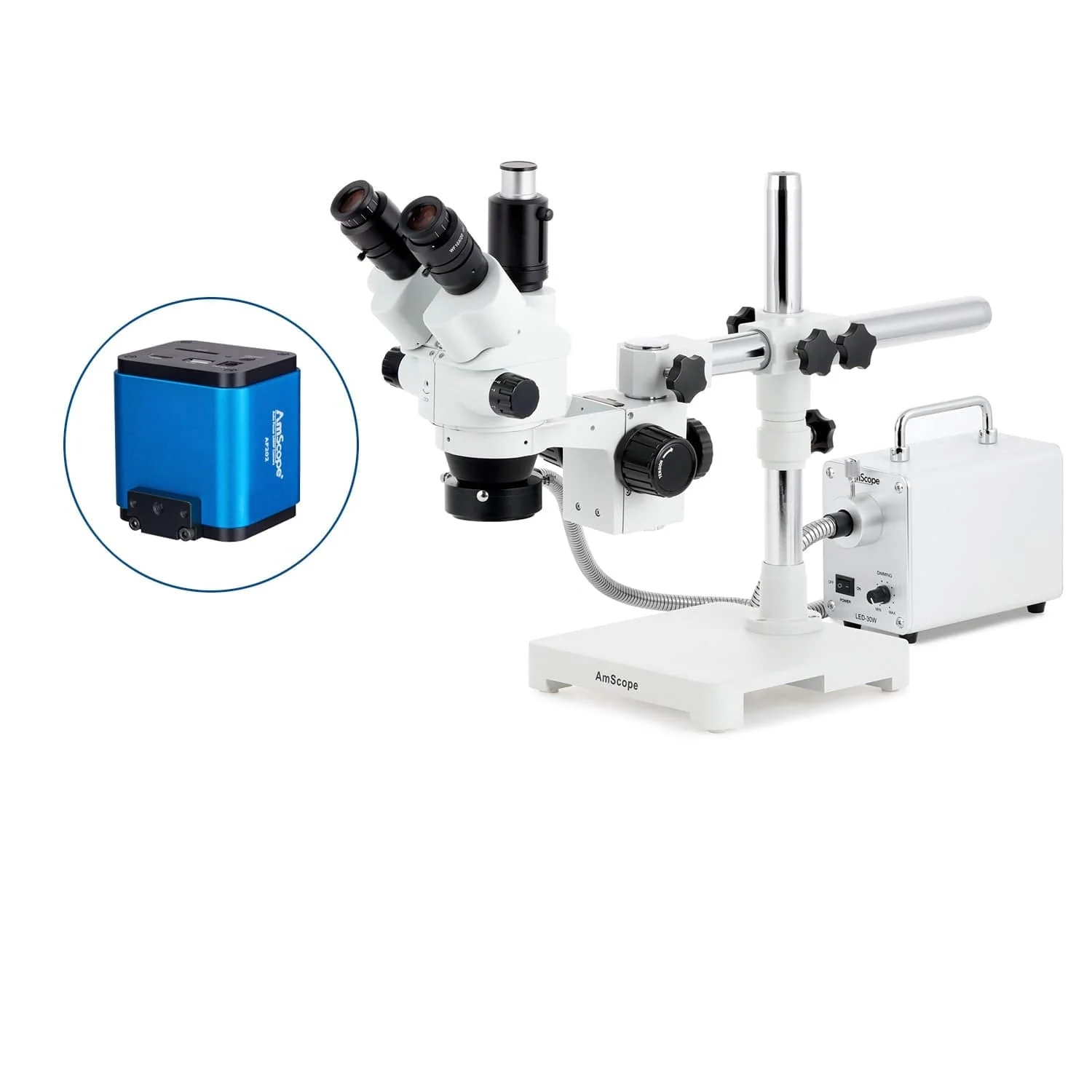 AmScope SM-3 Series Simul-Focal Lockable Zoom Trinocular Stereo Microscope with 30W LED Fiber Optic Ring Light and Auto Focus Camera on Single Arm Boom Stand - Image 5