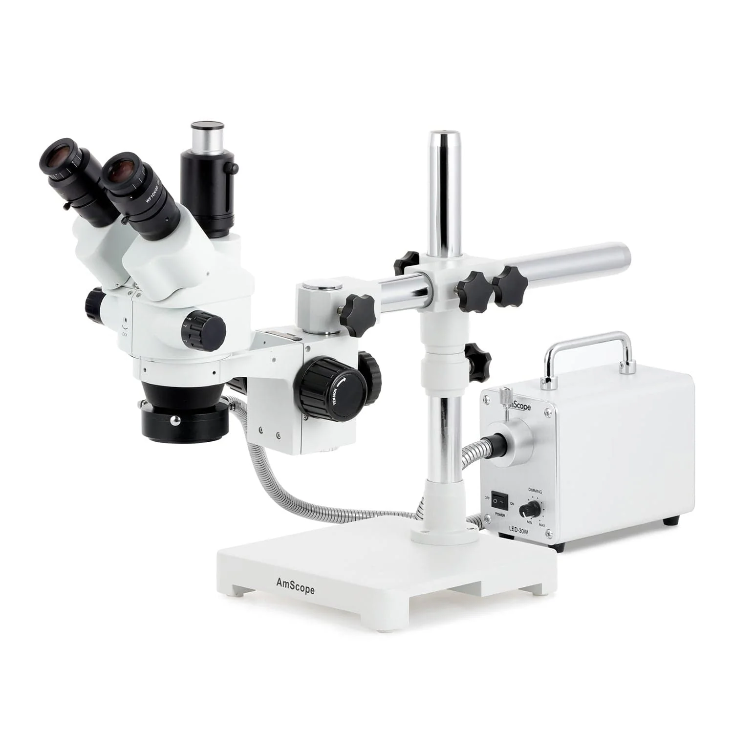 AmScope SM-3 Series Simul-Focal Lockable Zoom Trinocular Stereo Microscope with 30W LED Fiber Optic Ring Light and HDMI Camera on Single Arm Boom Stand - Image 2