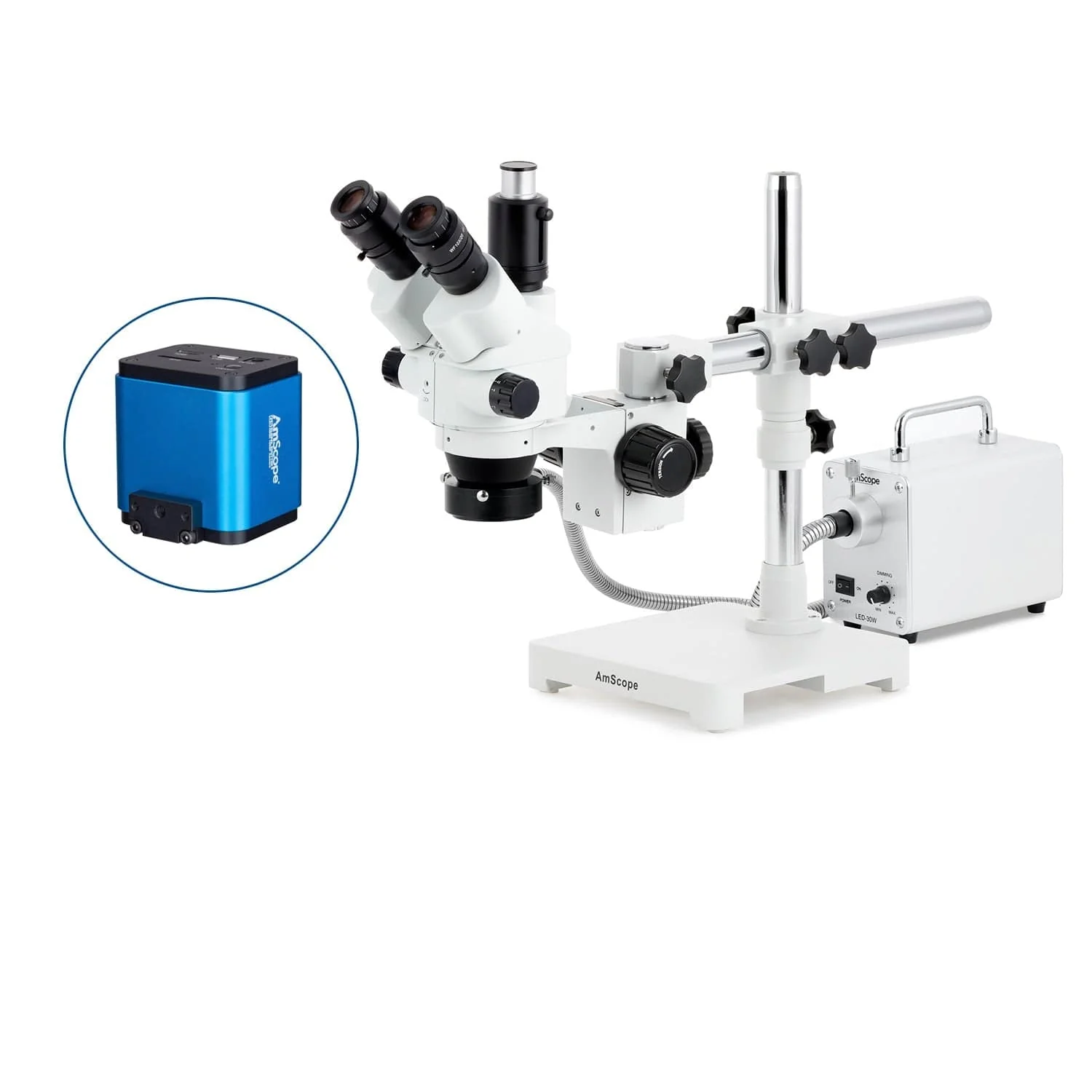 AmScope SM-3 Series Simul-Focal Lockable Zoom Trinocular Stereo Microscope with 30W LED Fiber Optic Ring Light and HDMI Camera on Single Arm Boom Stand - Image 9