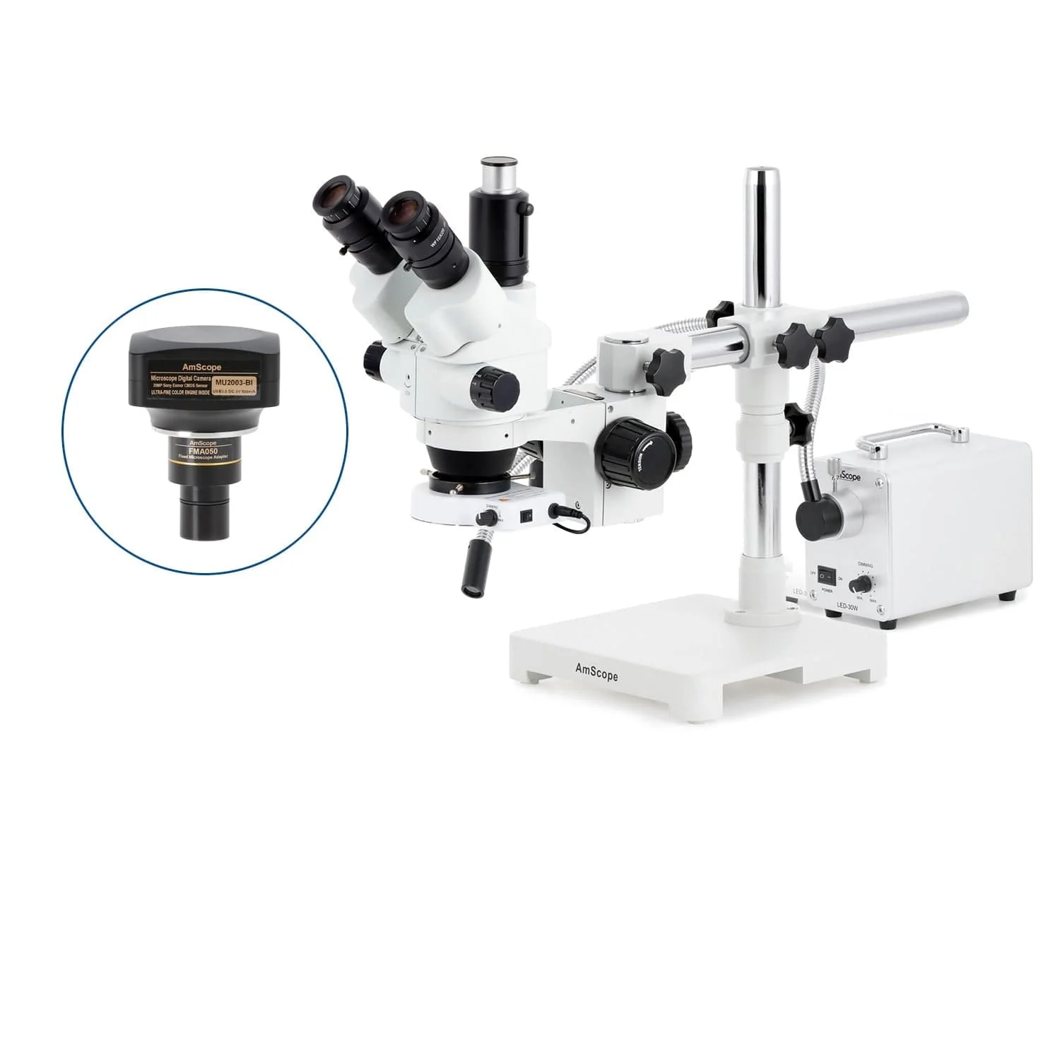 AmScope SM-3 Series Simul-Focal Lockable Zoom Trinocular Stereo Microscope with 30W LED Single Fiber Optic Gooseneck Light and Optional Digital Camera on Single Arm Boom Stand - Image 6