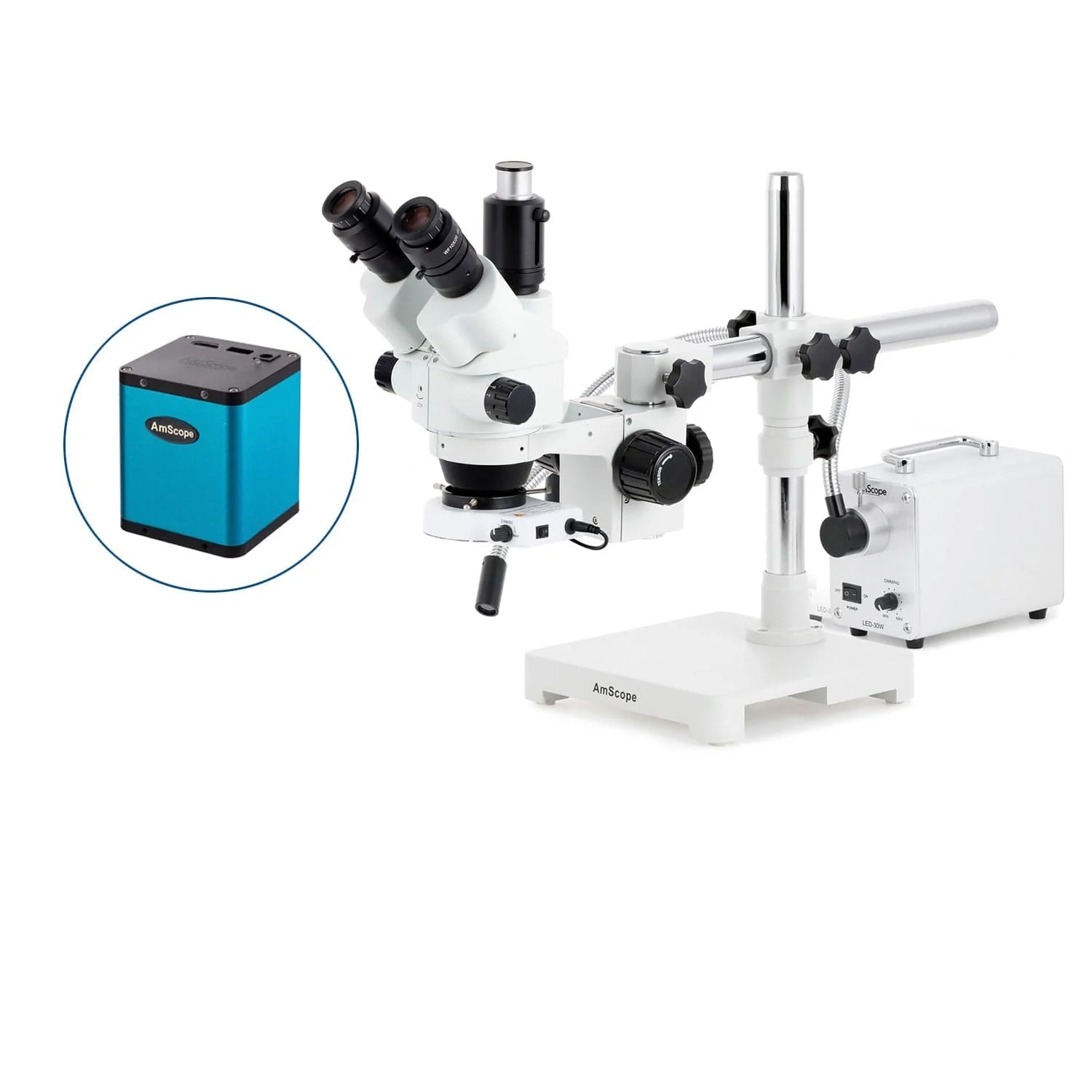 AmScope SM-3 Series Simul-Focal Lockable Zoom Trinocular Stereo Microscope with 30W LED Single Fiber Optic Gooseneck Light and Auto Focus Camera on Single Arm Boom Stand - Image 3