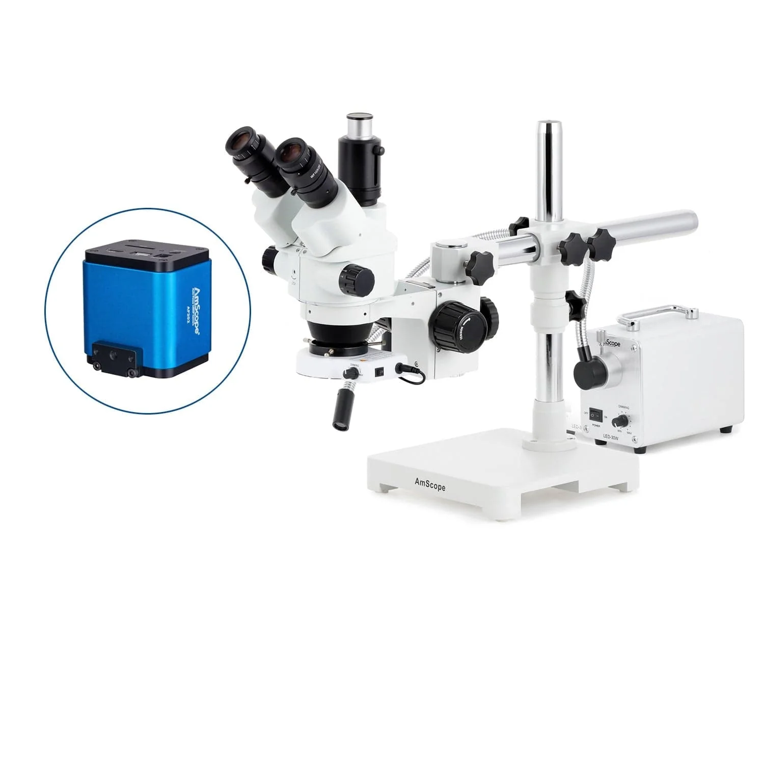 AmScope SM-3 Series Simul-Focal Lockable Zoom Trinocular Stereo Microscope with 30W LED Single Fiber Optic Gooseneck Light and Auto Focus Camera on Single Arm Boom Stand - Image 5