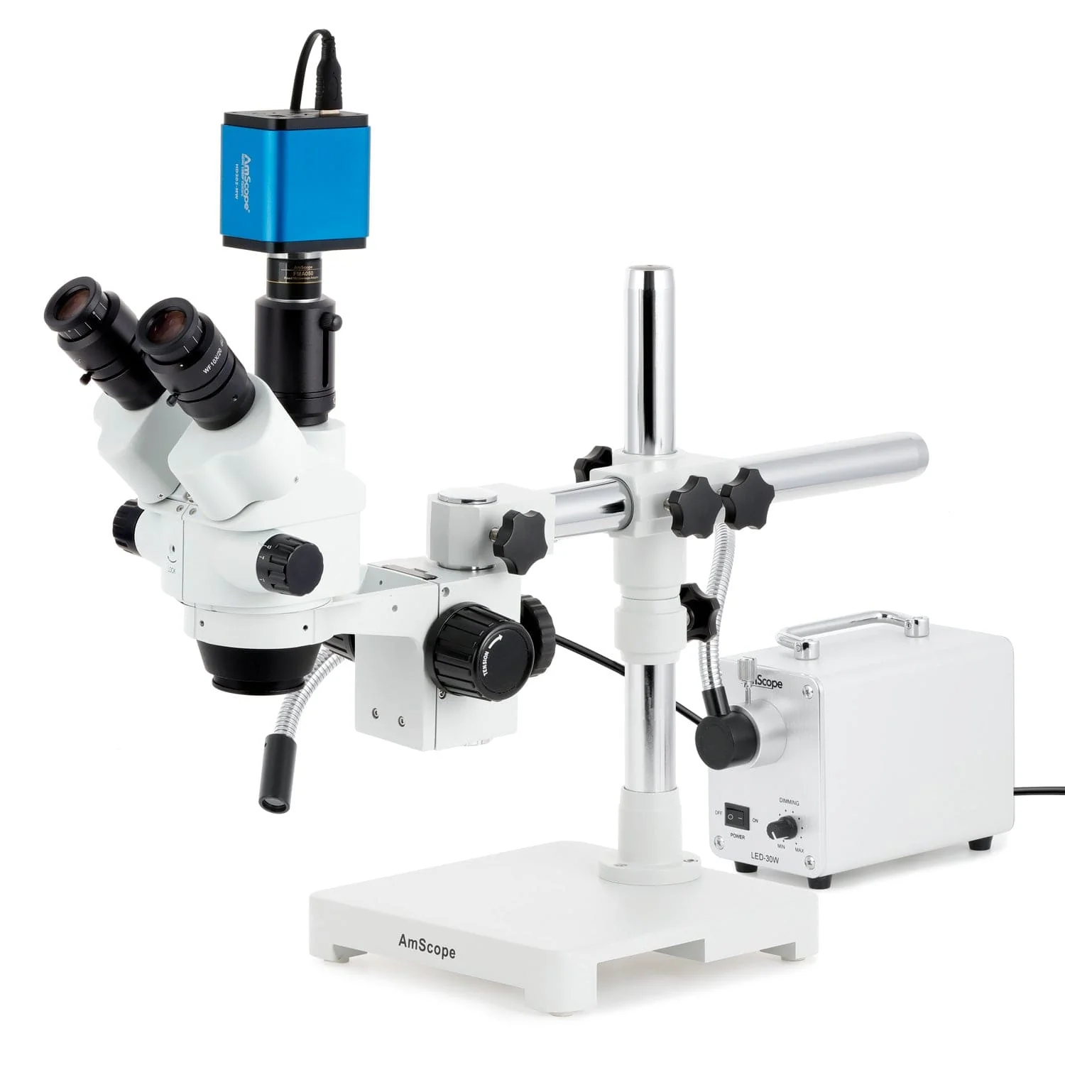 AmScope SM-3 Series Simul-Focal Lockable Zoom Trinocular Stereo Microscope with 30W LED Single Fiber Optic Gooseneck Light and HDMI Camera on Single Arm Boom Stand