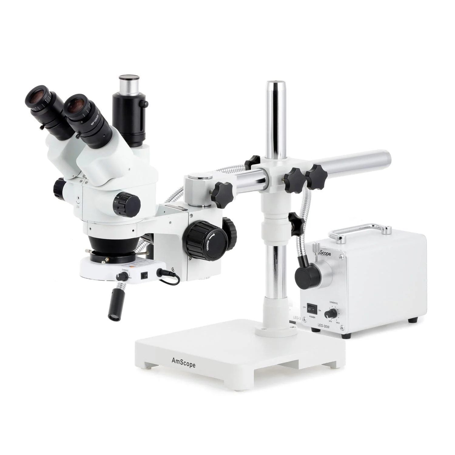 AmScope SM-3 Series Simul-Focal Lockable Zoom Trinocular Stereo Microscope with 30W LED Single Fiber Optic Gooseneck Light and HDMI Camera on Single Arm Boom Stand - Image 2