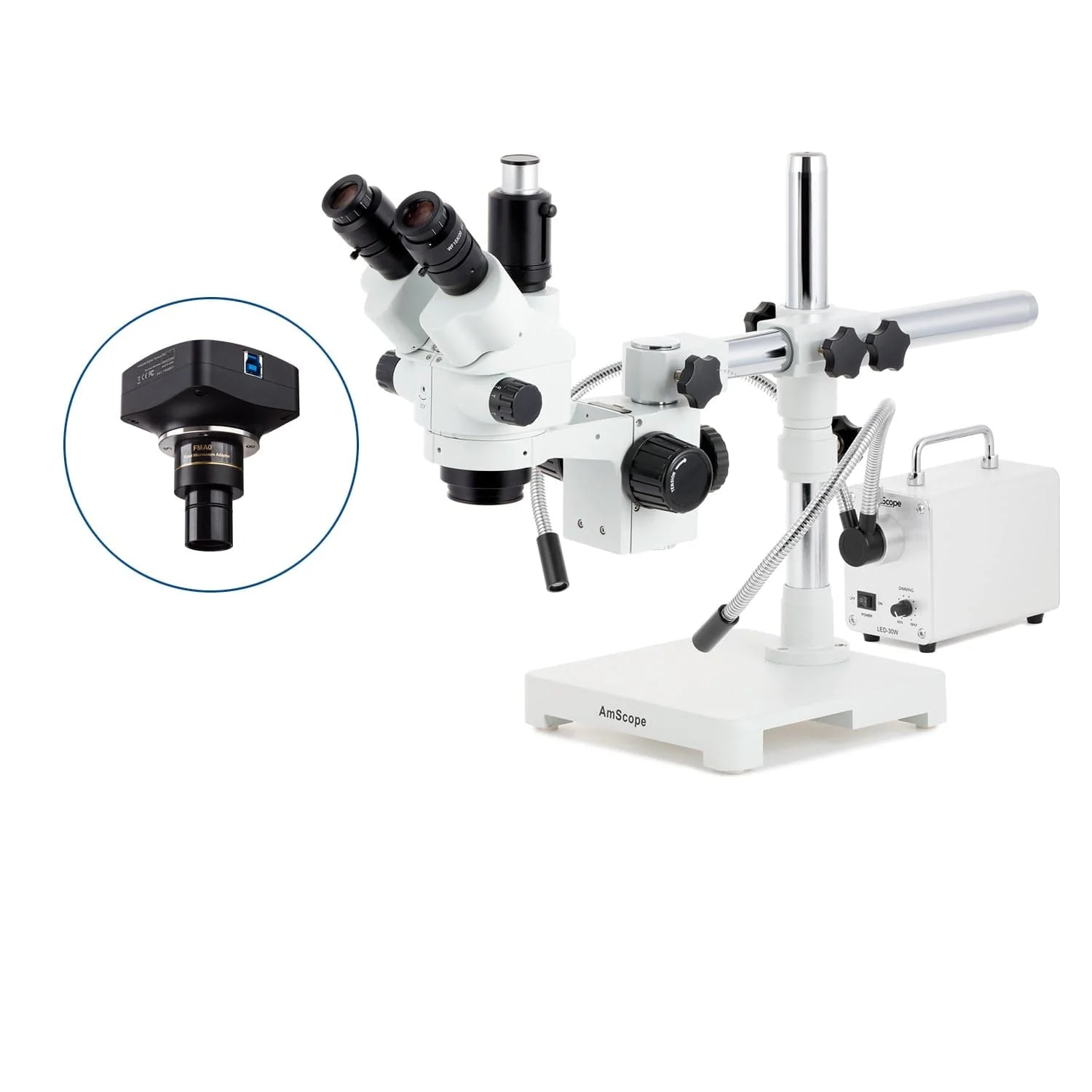 AmScope SM-3 Series Simul-Focal Lockable Zoom Trinocular Stereo Microscope with 30W LED Dual Gooseneck Fiber Optic Lights and Optional Digital Camera on Single Arm Boom Stand - Image 4
