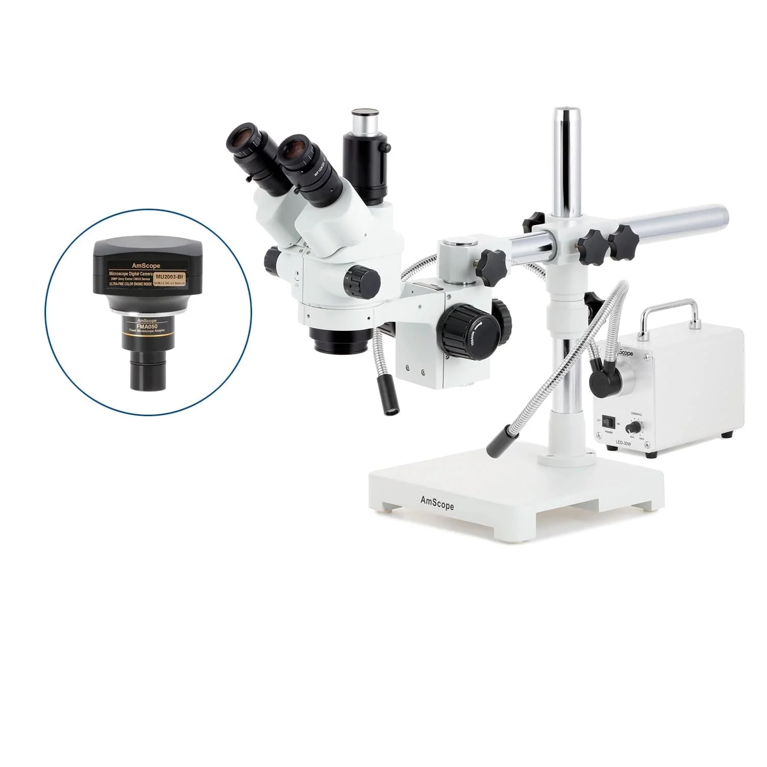AmScope SM-3 Series Simul-Focal Lockable Zoom Trinocular Stereo Microscope with 30W LED Dual Gooseneck Fiber Optic Lights and Optional Digital Camera on Single Arm Boom Stand - Image 6