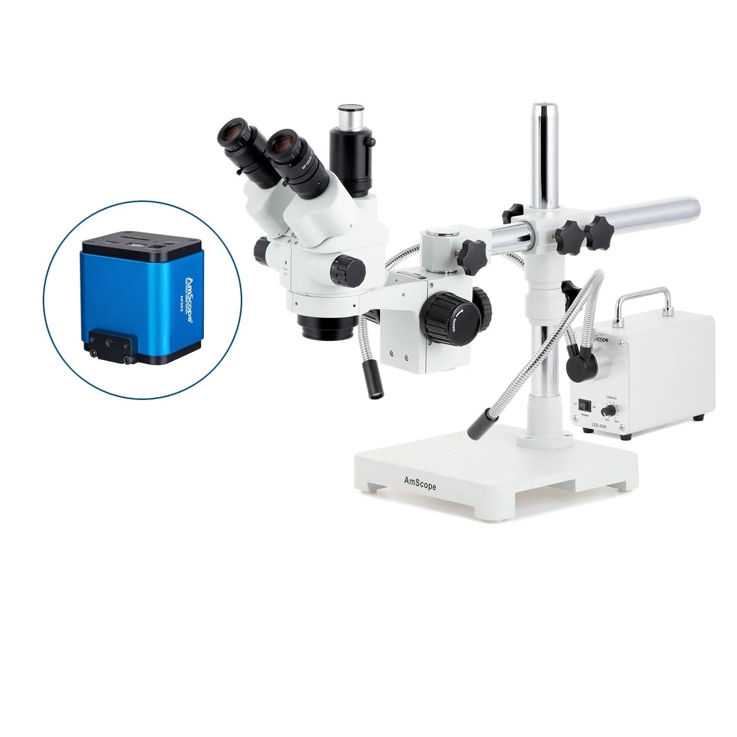 AmScope SM-3 Series Simul-Focal Lockable Zoom Trinocular Stereo Microscope with 30W LED Dual Gooseneck Fiber Optic Lights and Auto Focus Camera on Single Arm Boom Stand - Image 5