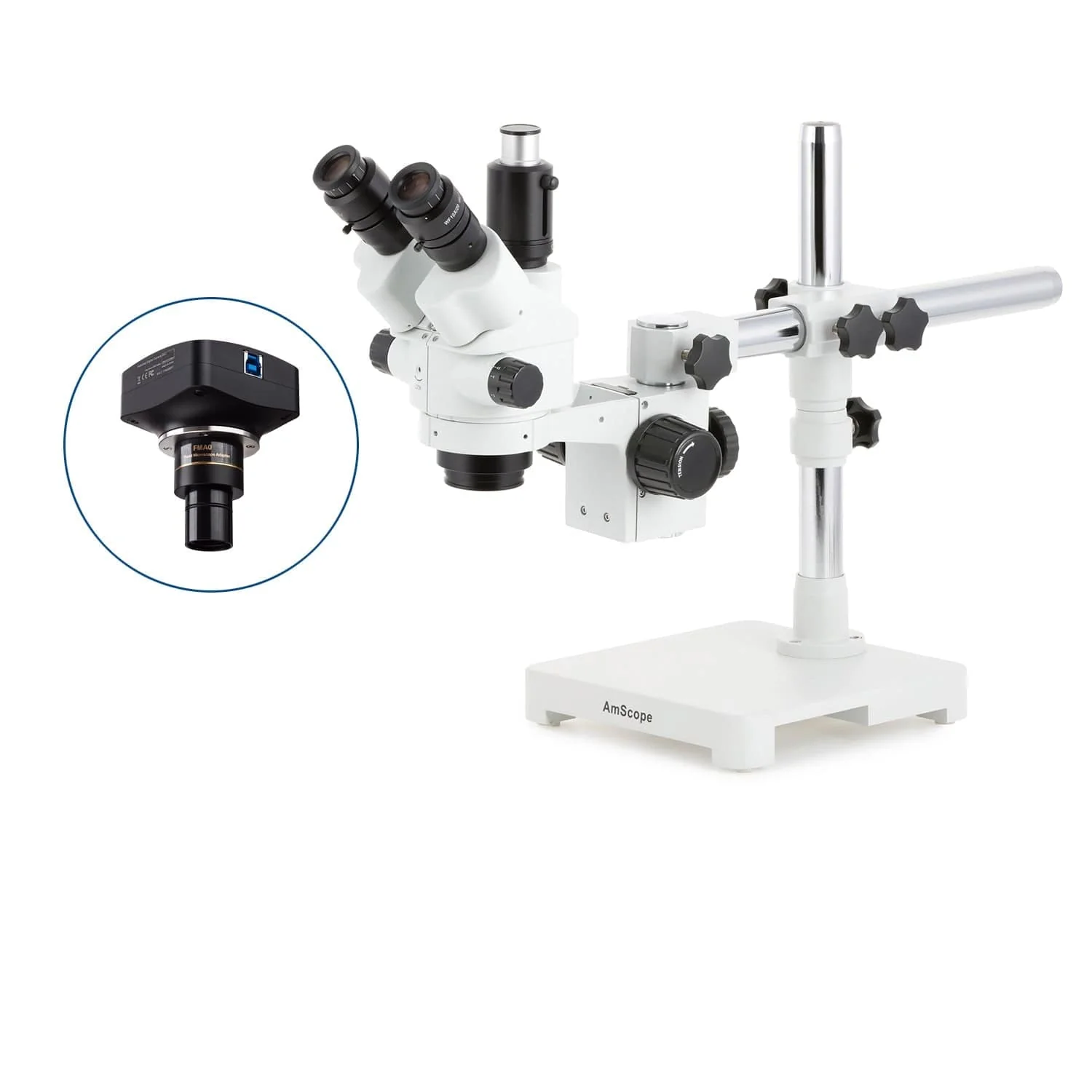 AmScope SM-3 Series Simul-Focal Lockable Zoom Trinocular Stereo Microscope with Optional Digital Camera on Single Arm Boom Stand - Image 4