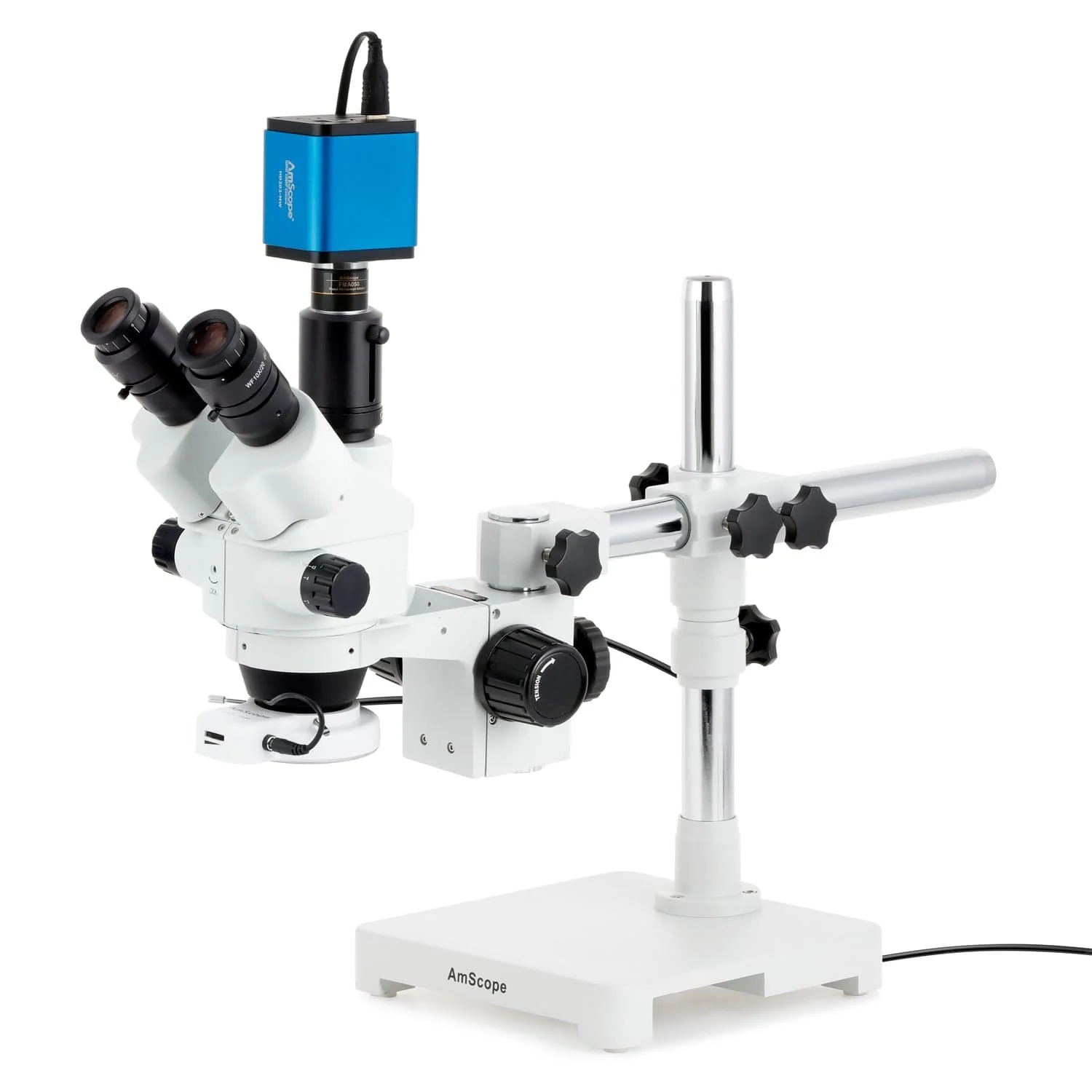 AmScope SM-3 Series Simul-Focal Lockable Zoom Trinocular Stereo Microscope with 56 LED Compact Ring Light and HDMI Camera on Single Arm Boom Stand