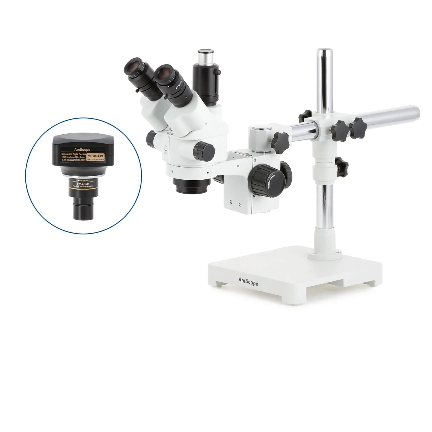 AmScope SM-3 Series Simul-Focal Lockable Zoom Trinocular Stereo Microscope with Optional Digital Camera on Single Arm Boom Stand - Image 6