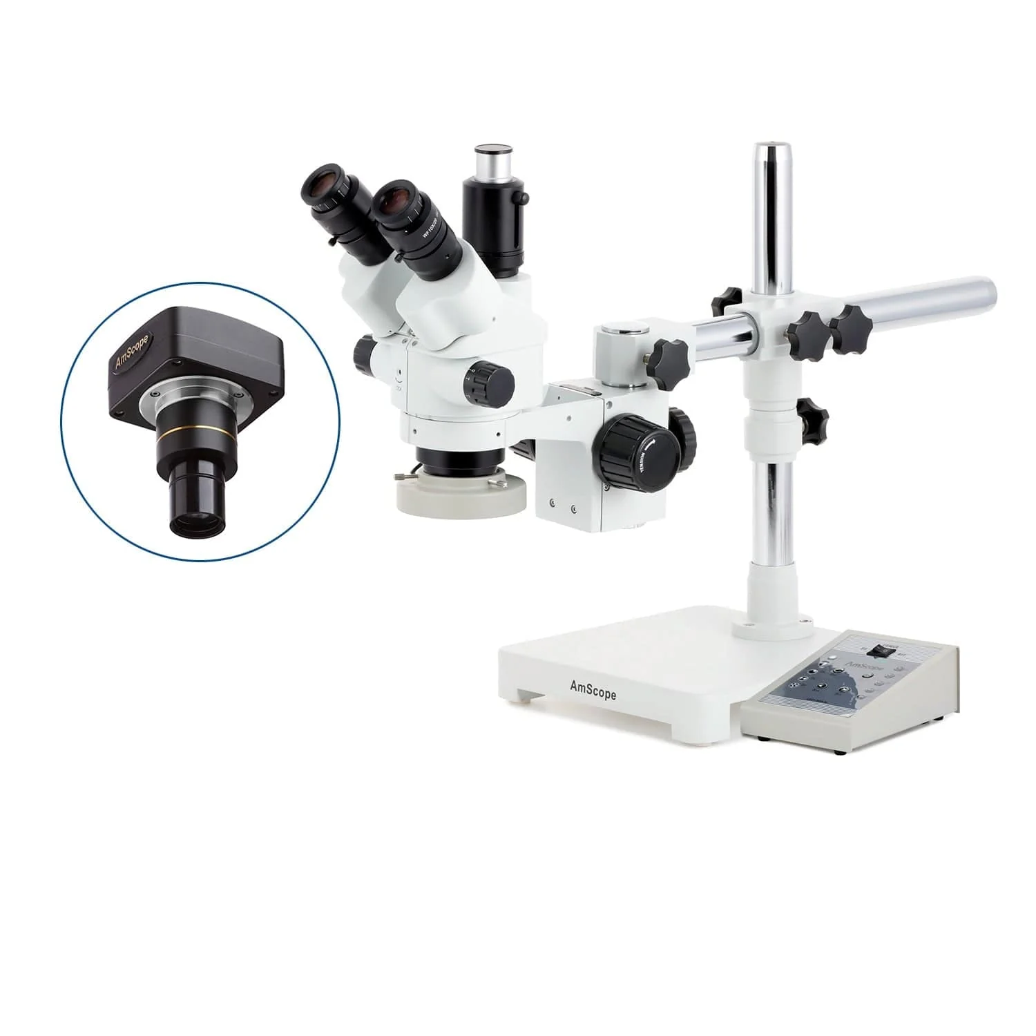 AmScope SM-3 Series Simul-Focal Lockable Zoom Trinocular Stereo Microscope with 80 LED Direction Variable Ring Light and Optional Digital Camera on Single Arm Boom Stand - Image 2