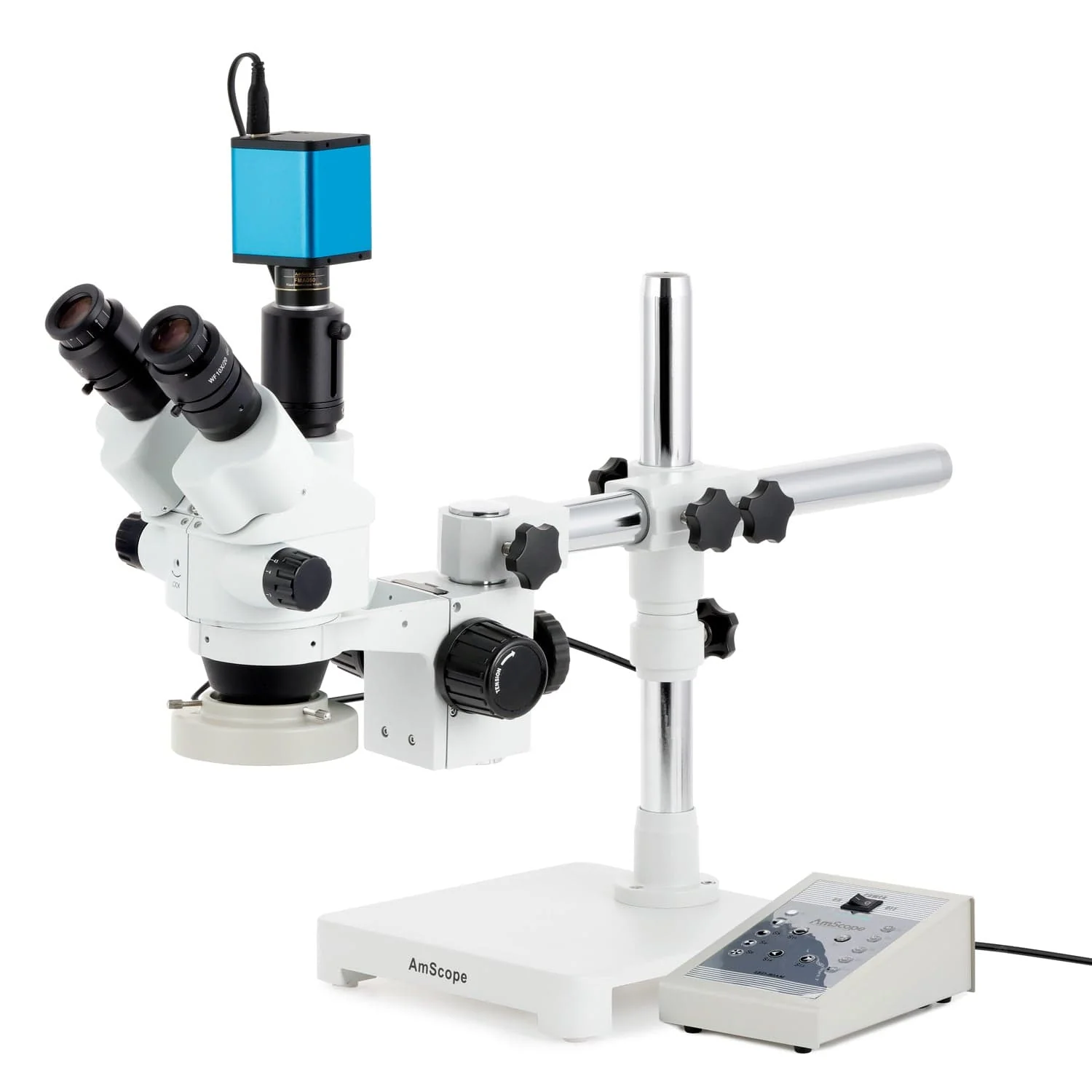 AmScope SM-3 Series Simul-Focal Lockable Zoom Trinocular Stereo Microscope with 80 LED Direction Variable Ring Light and Auto Focus Camera on Single Arm Boom Stand