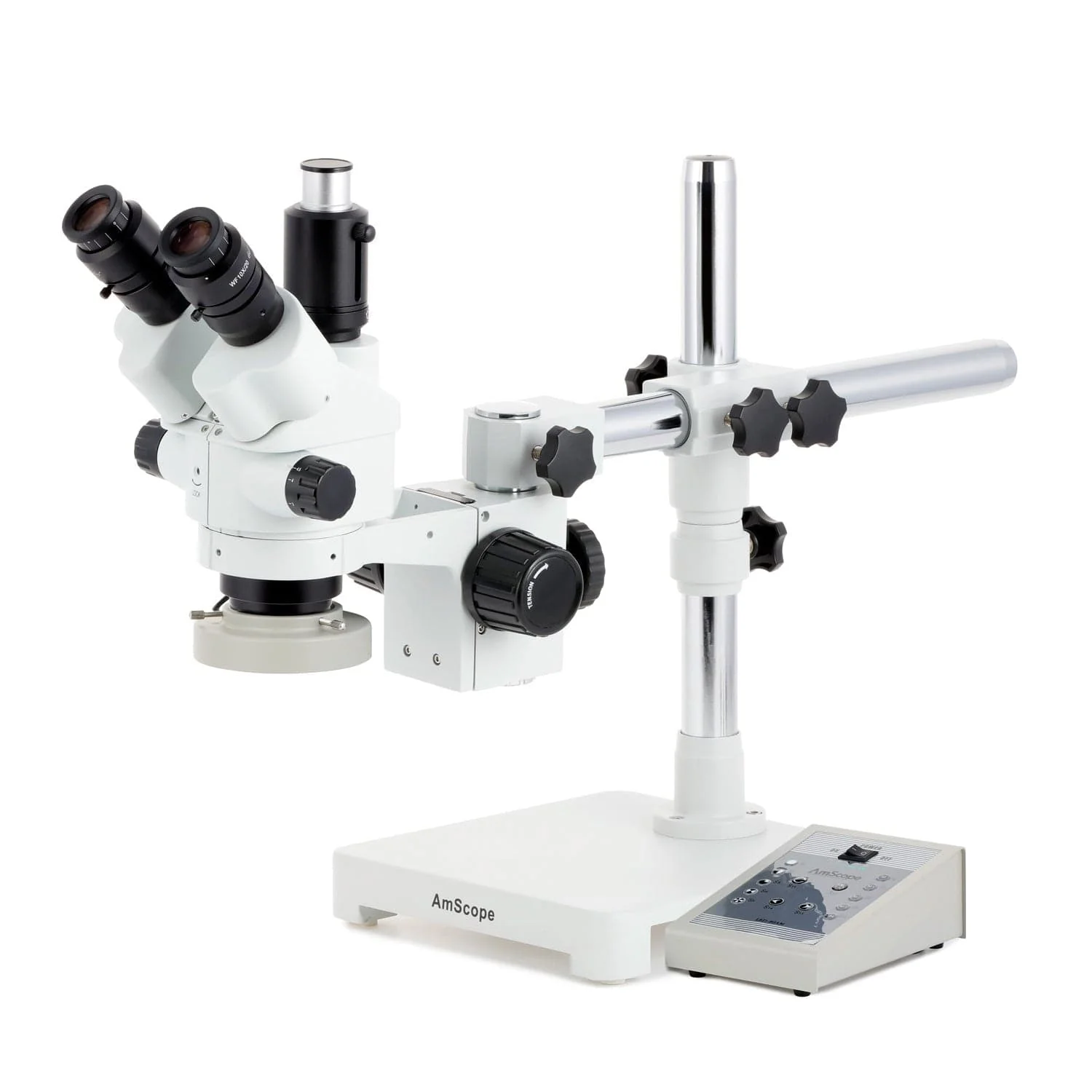 AmScope SM-3 Series Simul-Focal Lockable Zoom Trinocular Stereo Microscope with 80 LED Direction Variable Ring Light and Auto Focus Camera on Single Arm Boom Stand - Image 2