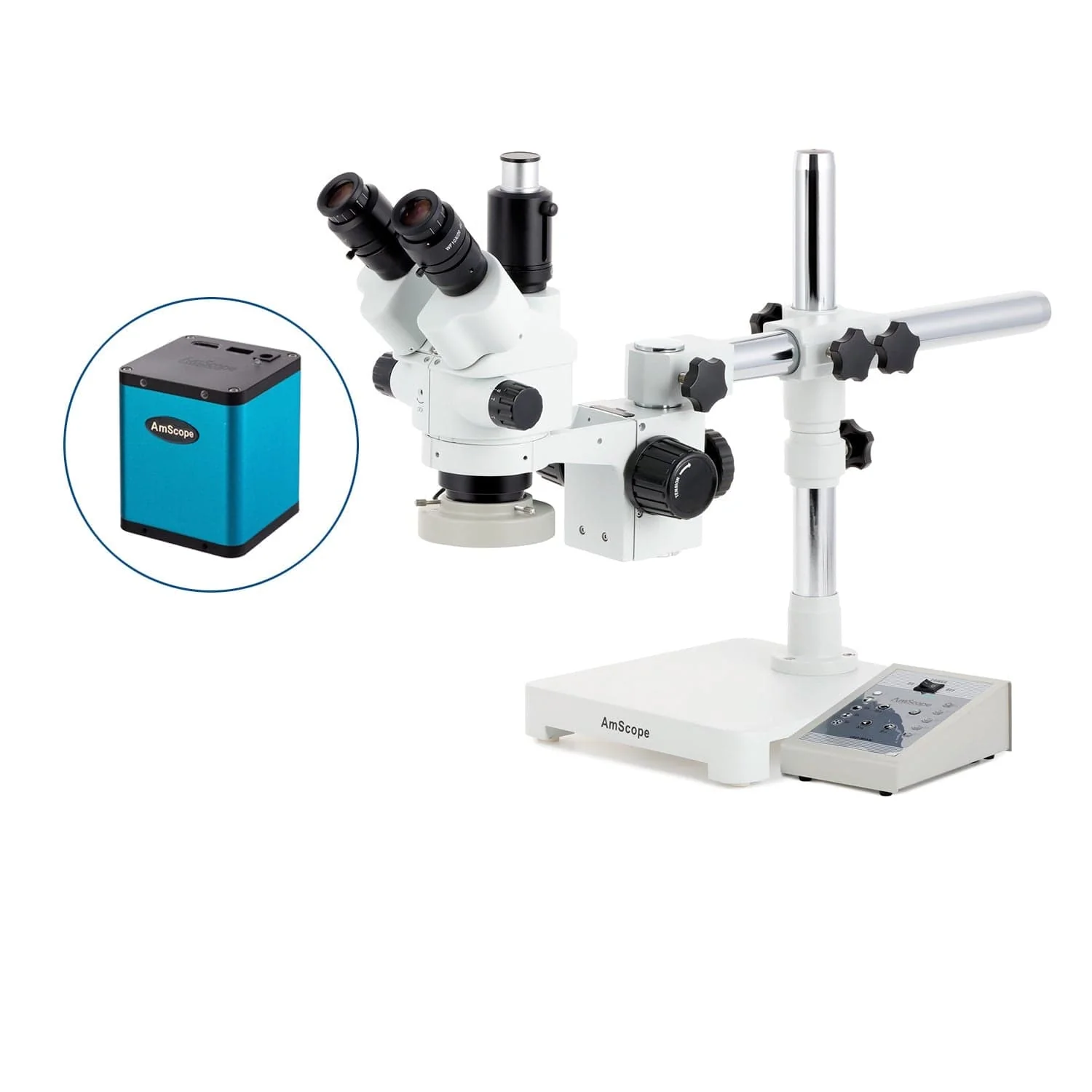 AmScope SM-3 Series Simul-Focal Lockable Zoom Trinocular Stereo Microscope with 80 LED Direction Variable Ring Light and Auto Focus Camera on Single Arm Boom Stand - Image 3