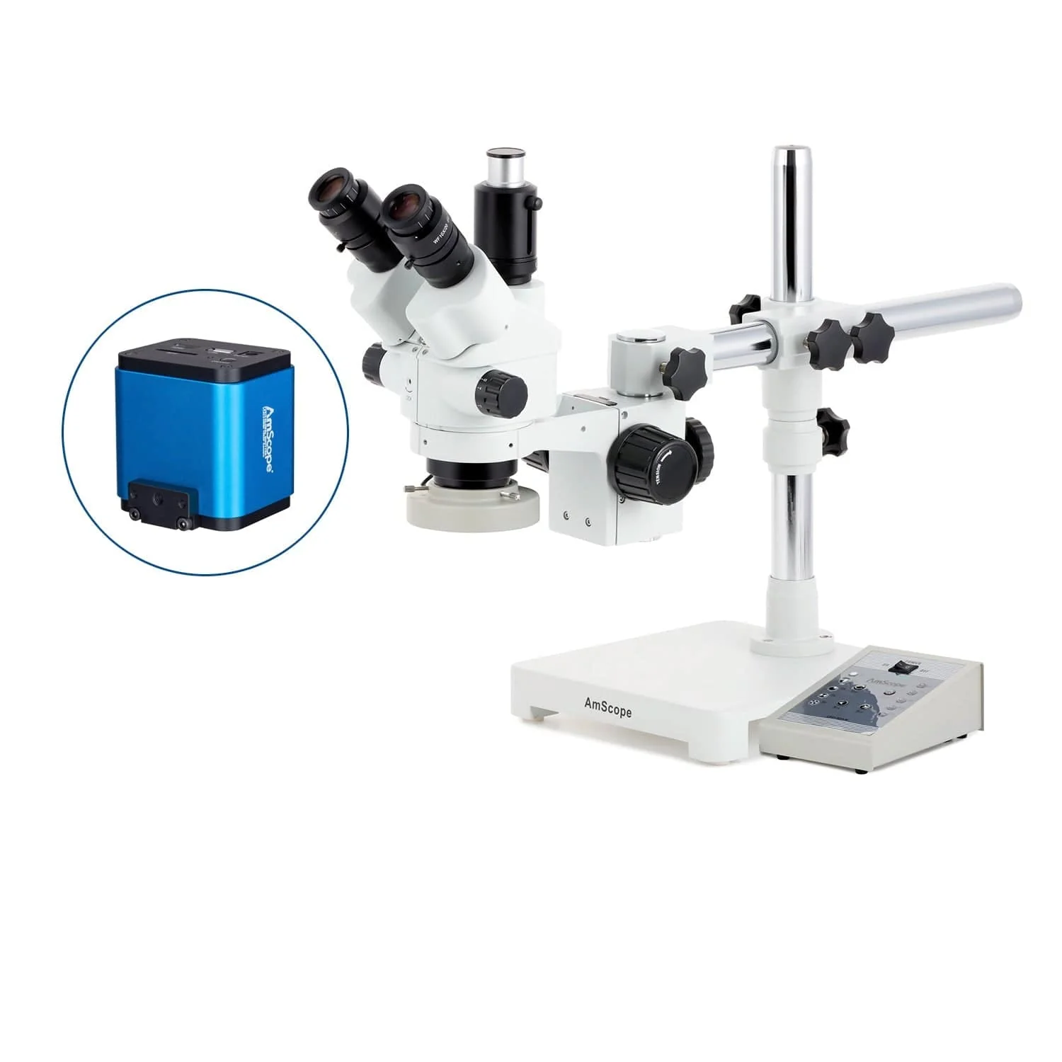 AmScope SM-3 Series Simul-Focal Lockable Zoom Trinocular Stereo Microscope with 80 LED Direction Variable Ring Light and HDMI Camera on Single Arm Boom Stand - Image 9