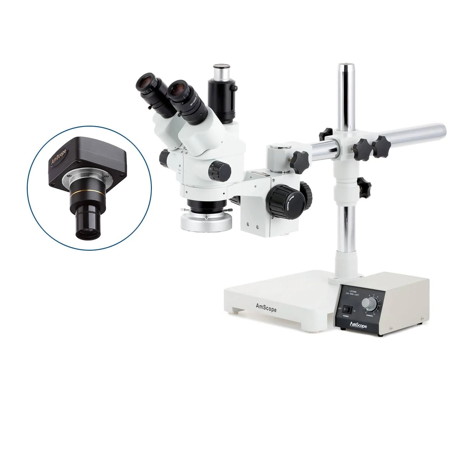 AmScope SM-3 Series Simul-Focal Lockable Zoom Trinocular Stereo Microscope with Heavy Duty 80 LED Ring Light and Optional Digital Camera on Single Arm Boom Stand - Image 2