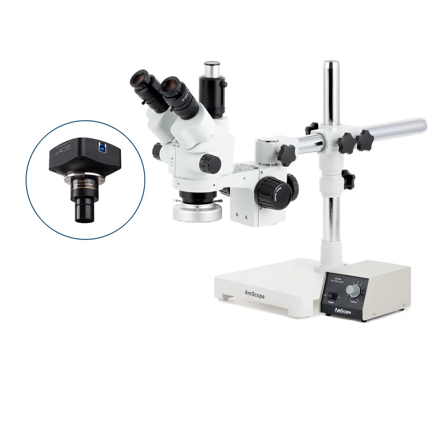 AmScope SM-3 Series Simul-Focal Lockable Zoom Trinocular Stereo Microscope with Heavy Duty 80 LED Ring Light and Optional Digital Camera on Single Arm Boom Stand - Image 4