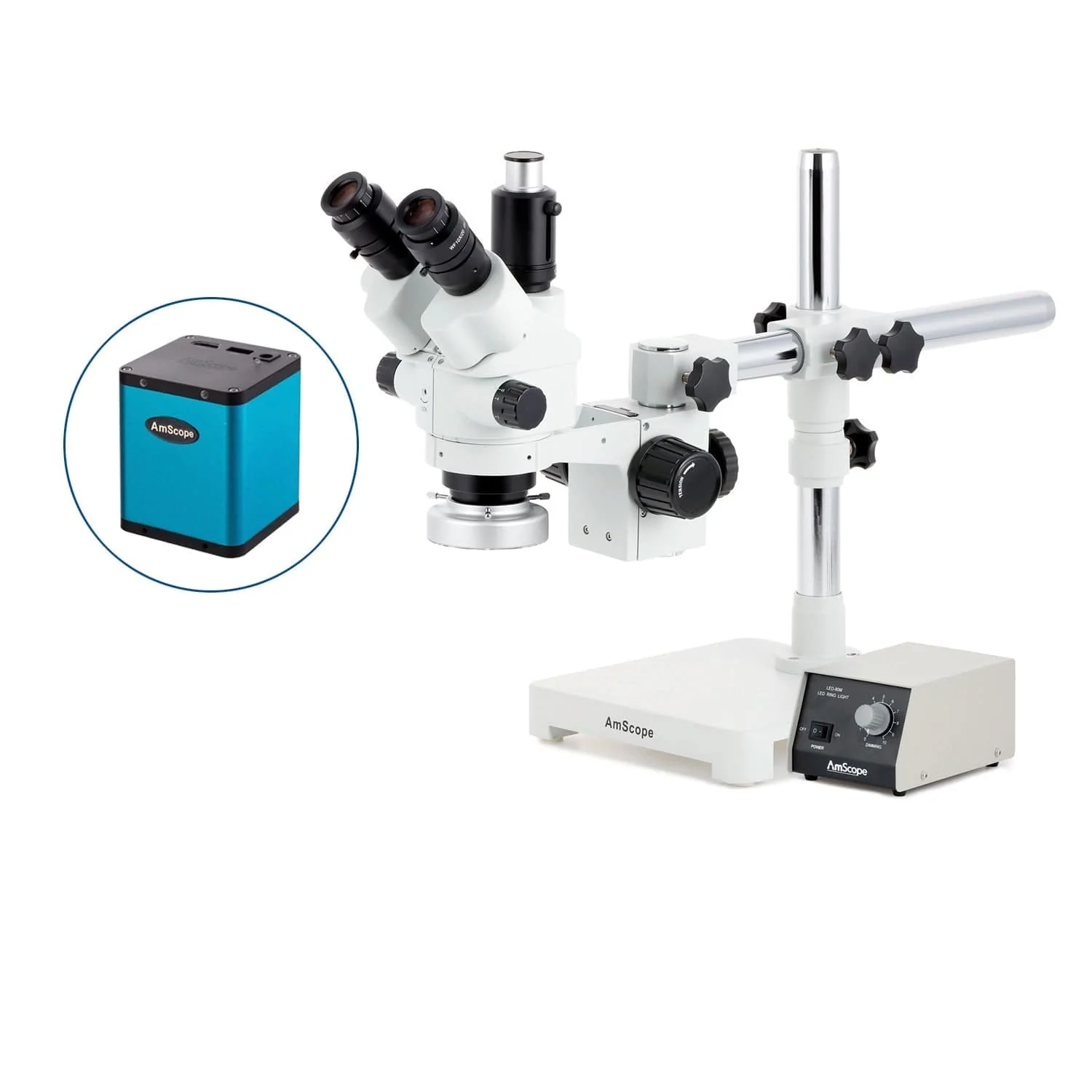 AmScope SM-3 Series Simul-Focal Lockable Zoom Trinocular Stereo Microscope with Heavy Duty 80 LED Ring Light and Auto Focus Camera on Single Arm Boom Stand - Image 3