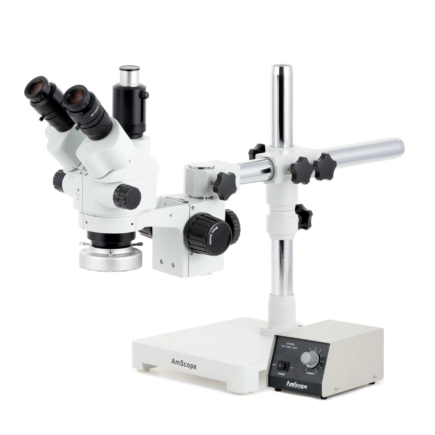 AmScope SM-3 Series Simul-Focal Lockable Zoom Trinocular Stereo Microscope with Heavy Duty 80 LED Ring Light and HDMI Camera on Single Arm Boom Stand - Image 2