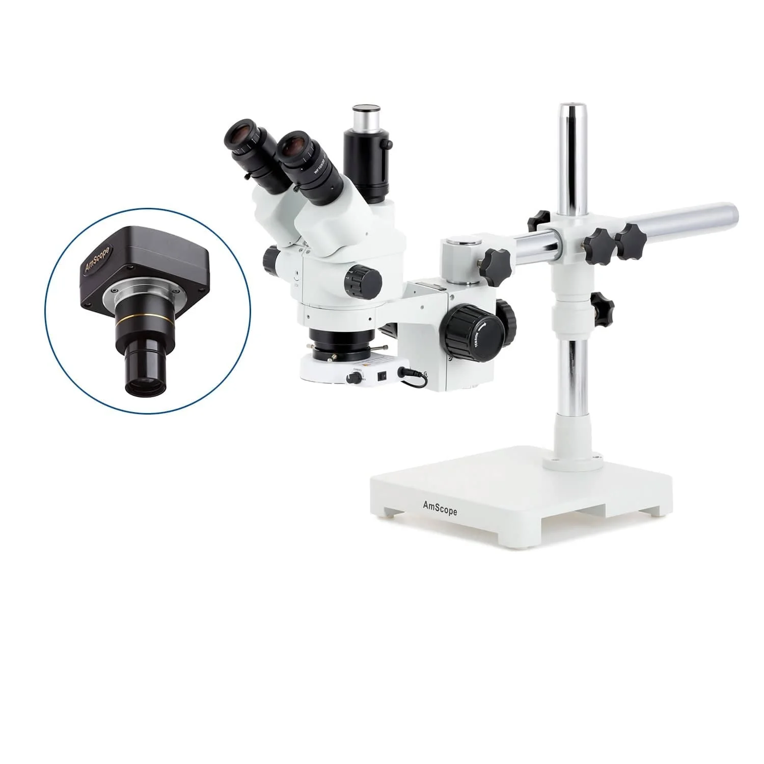 AmScope SM-3 Series Simul-Focal Lockable Zoom Trinocular Stereo Microscope with 80 LED Compact Ring Light and Optional Digital Camera on Single Arm Boom Stand - Image 2