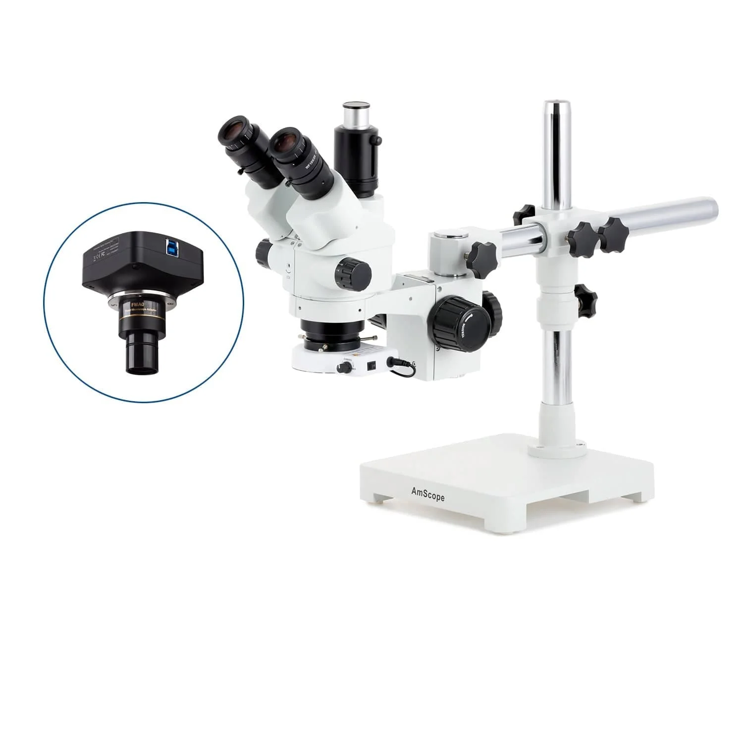 AmScope SM-3 Series Simul-Focal Lockable Zoom Trinocular Stereo Microscope with 80 LED Compact Ring Light and Optional Digital Camera on Single Arm Boom Stand - Image 4