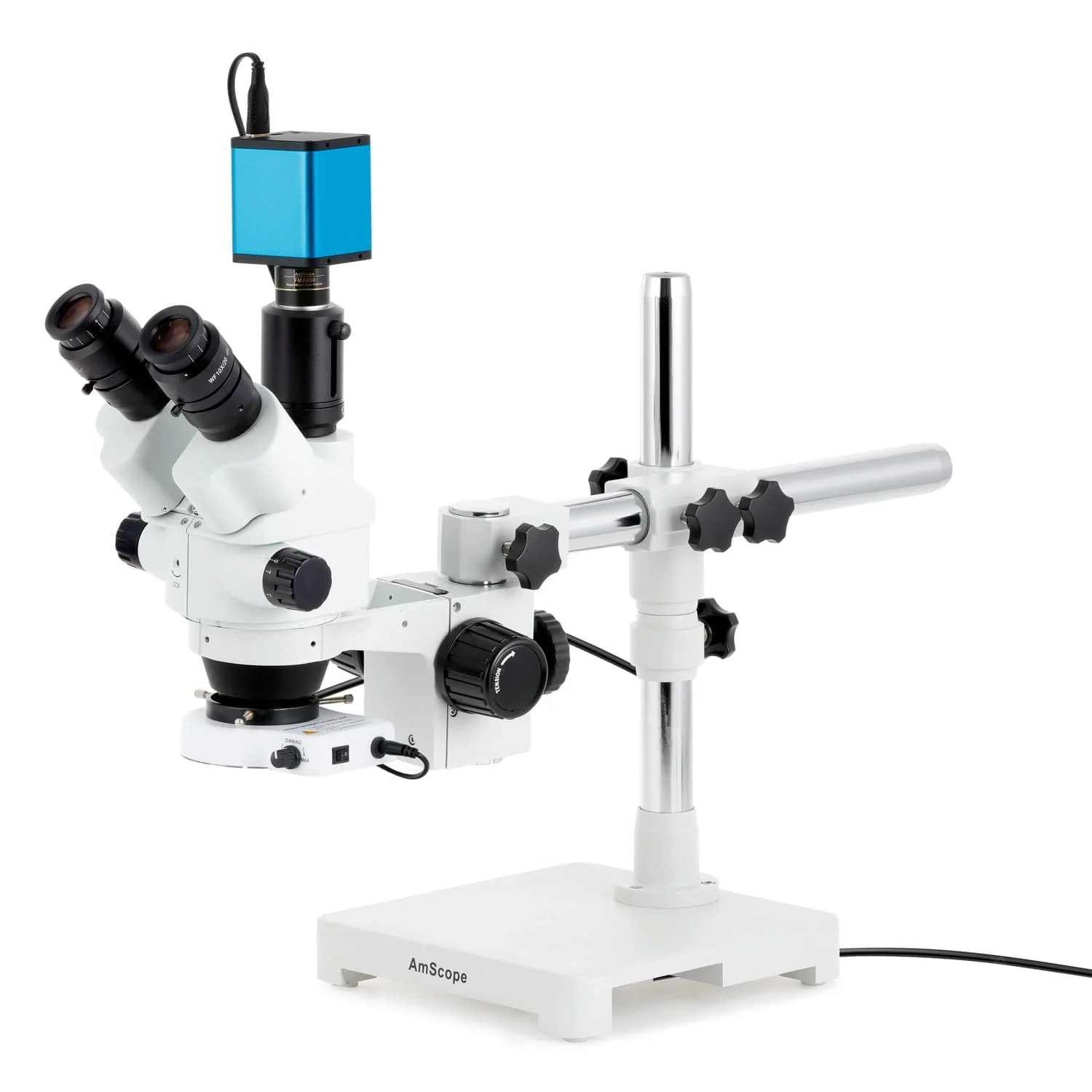 AmScope SM-3 Series Simul-Focal Lockable Trinocular Stereo Zoom Microscope with 80 LED Compact Ring Light and Auto Focus Camera on Single Arm Boom Stand