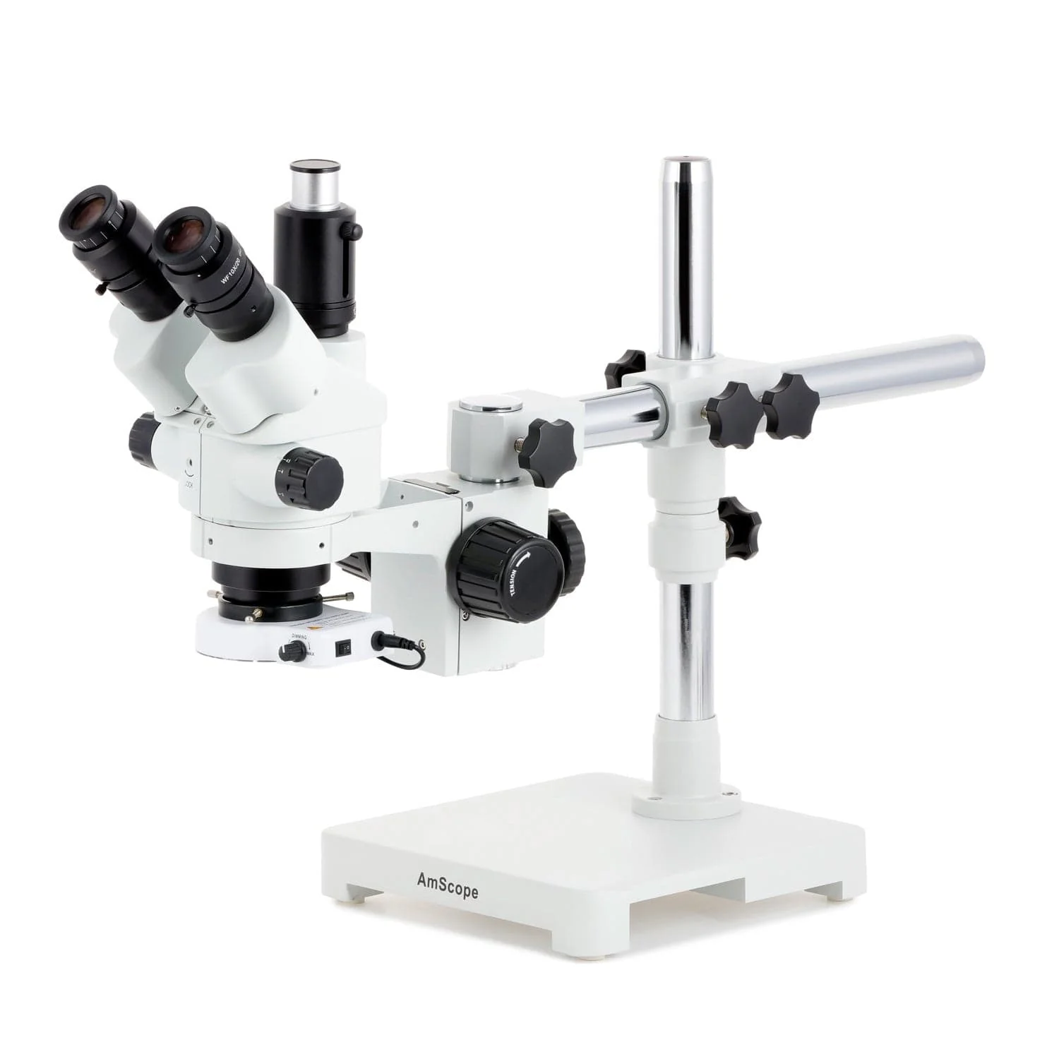 AmScope SM-3 Series Simul-Focal Lockable Trinocular Stereo Zoom Microscope with 80 LED Compact Ring Light and Auto Focus Camera on Single Arm Boom Stand - Image 2