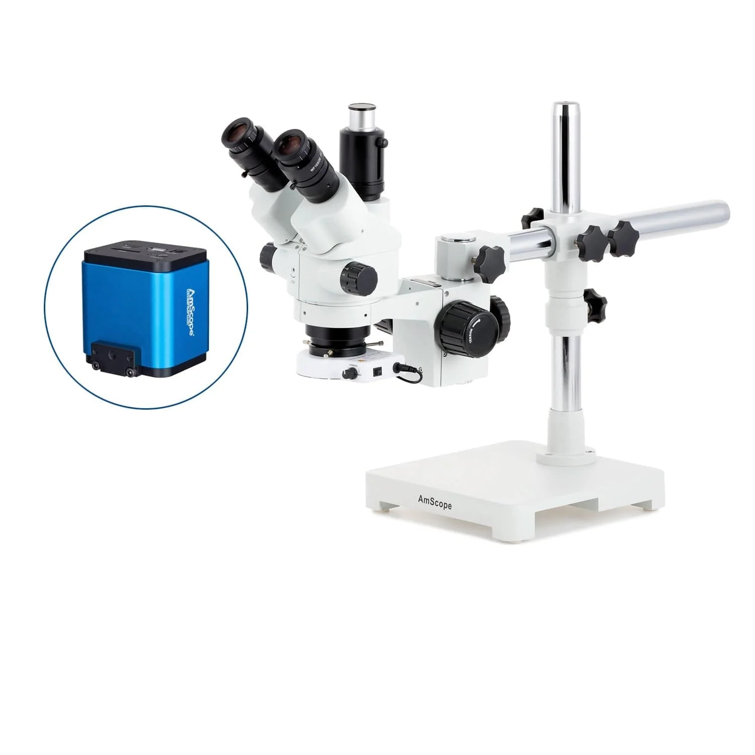 AmScope SM-3 Series Simul-Focal Lockable Zoom Trinocular Stereo Microscope with 80 LED Compact Ring Light and HDMI Camera on Single Arm Boom Stand - Image 9